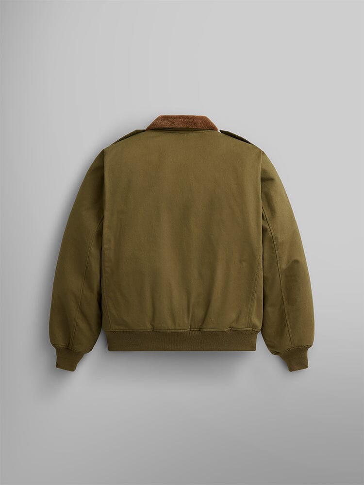 Alpha Industries' 1940s B-10 Bomber Jacket, featuring an olive green color and brown collar, is displayed from the back.