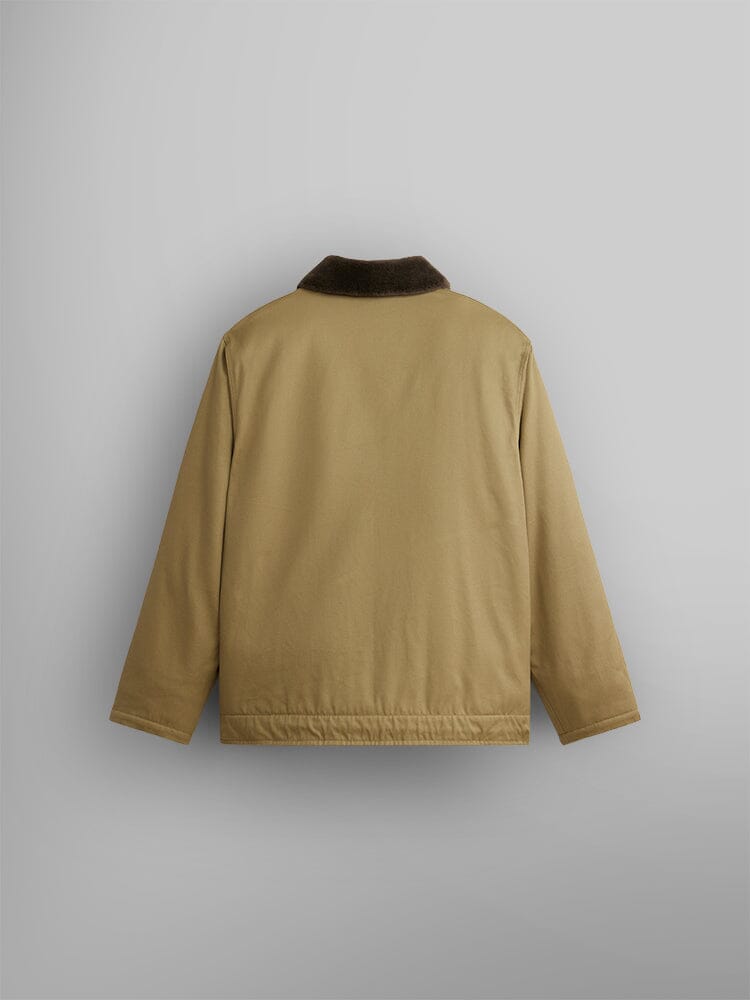The 1940s N-1 Deck Jacket by Alpha Industries is showcased from the back. It features a cotton shell in tan with a dark collar.