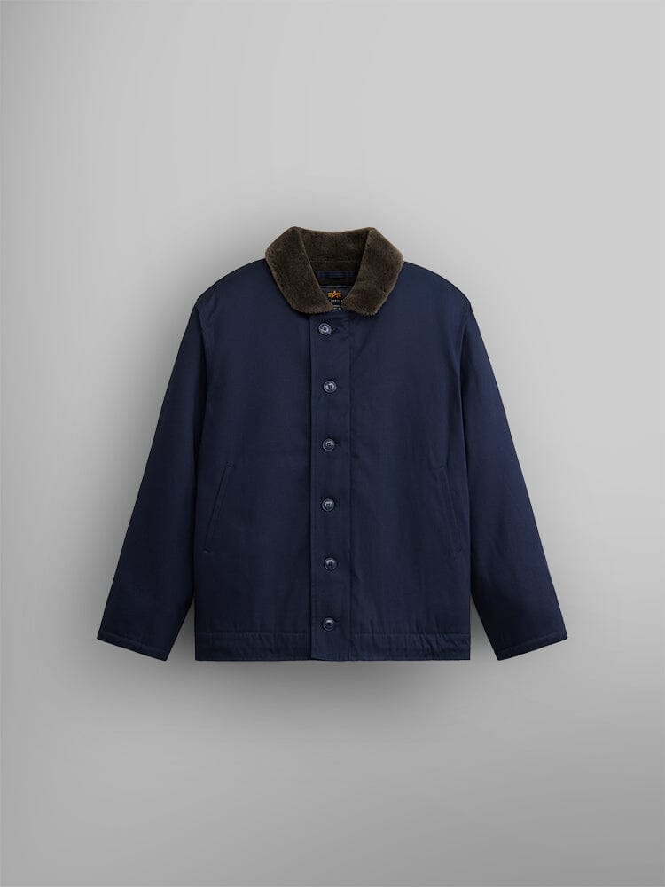 The 1940s N-1 Deck Jacket by Alpha Industries, featuring a replica blue cotton shell and a dark brown, fur-like collar.