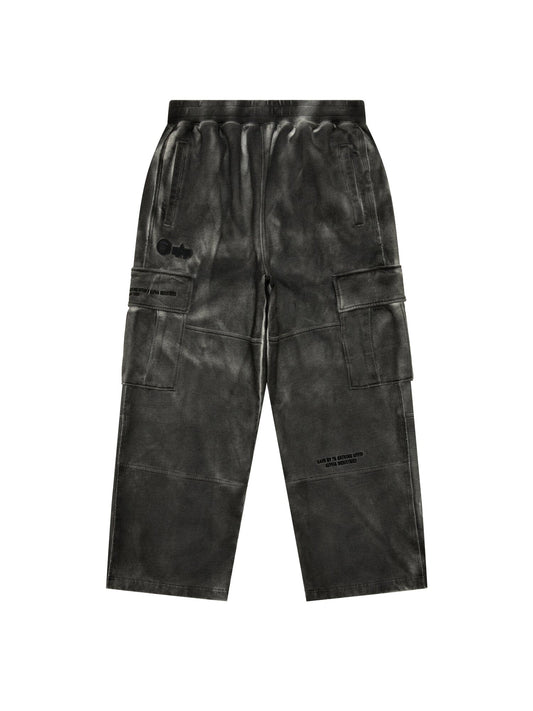 Aape X Alpha Army Sweatpant by Alpha Industries in black with wide legs, multiple pockets, and subtle printed text.
