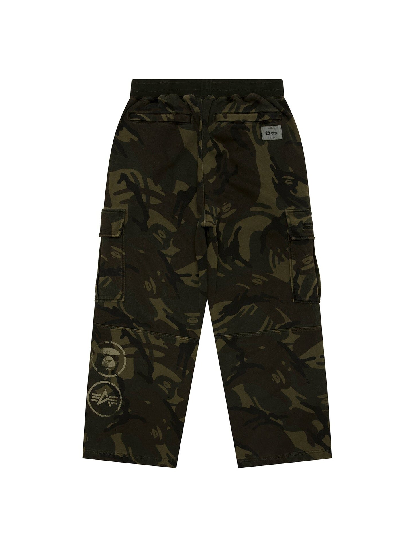 Aape X Alpha Camo Army Sweatpant by Alpha Industries, dark green camouflage, elastic waistband, side pockets, lower leg patches.