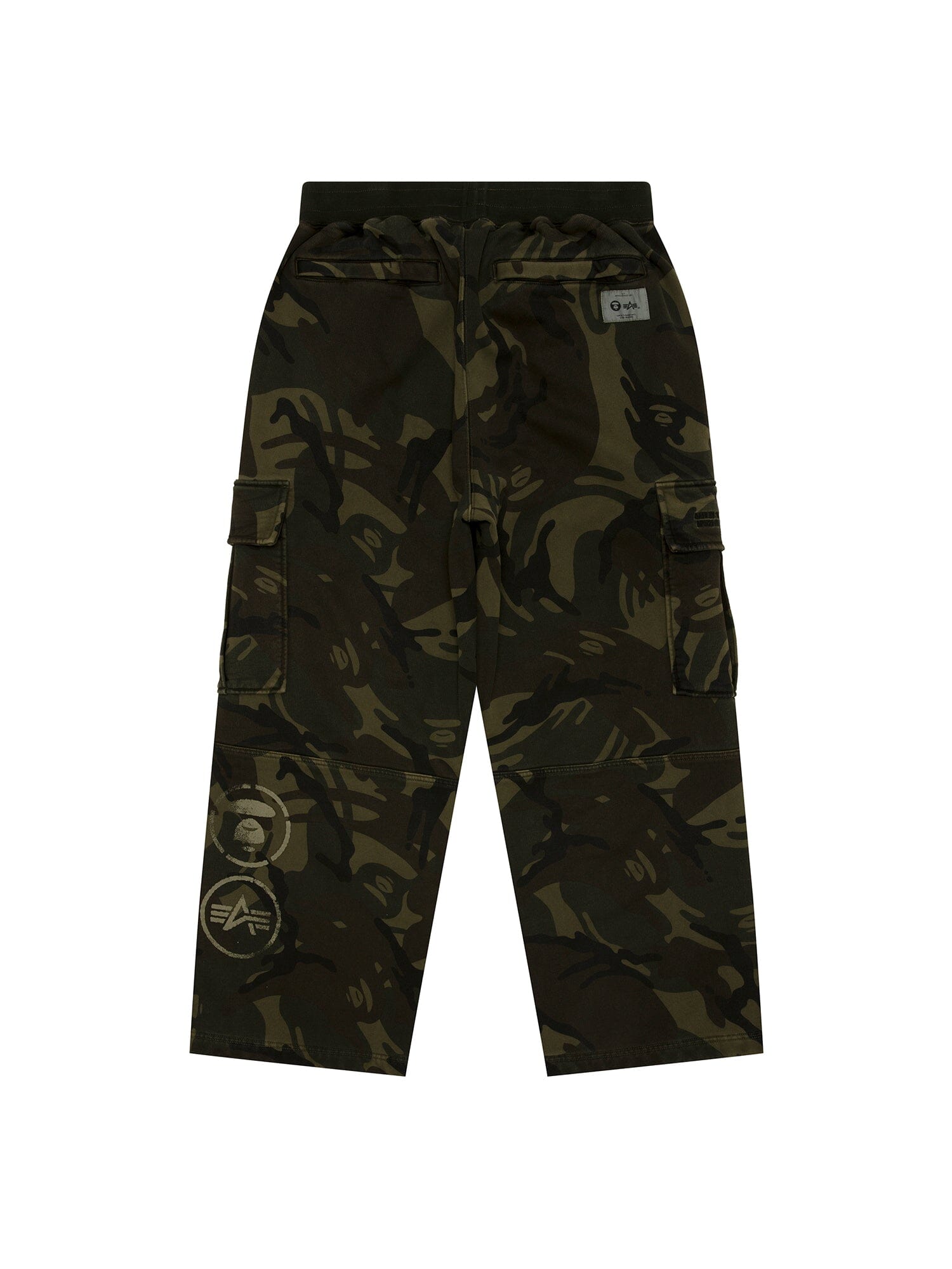 Aape X Alpha Camo Army Sweatpant by Alpha Industries, dark green camouflage, elastic waistband, side pockets, lower leg patches.