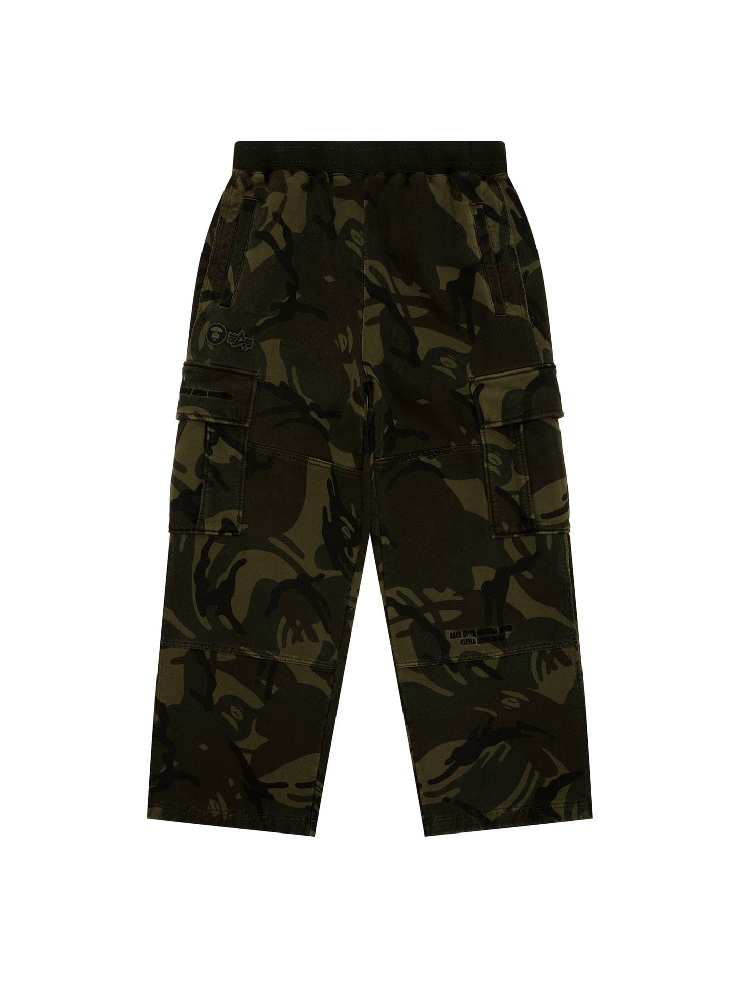 Aape X Alpha Camo Army Sweatpant by Alpha Industries, camouflage pattern, loose fit, side pockets, elastic waistband.