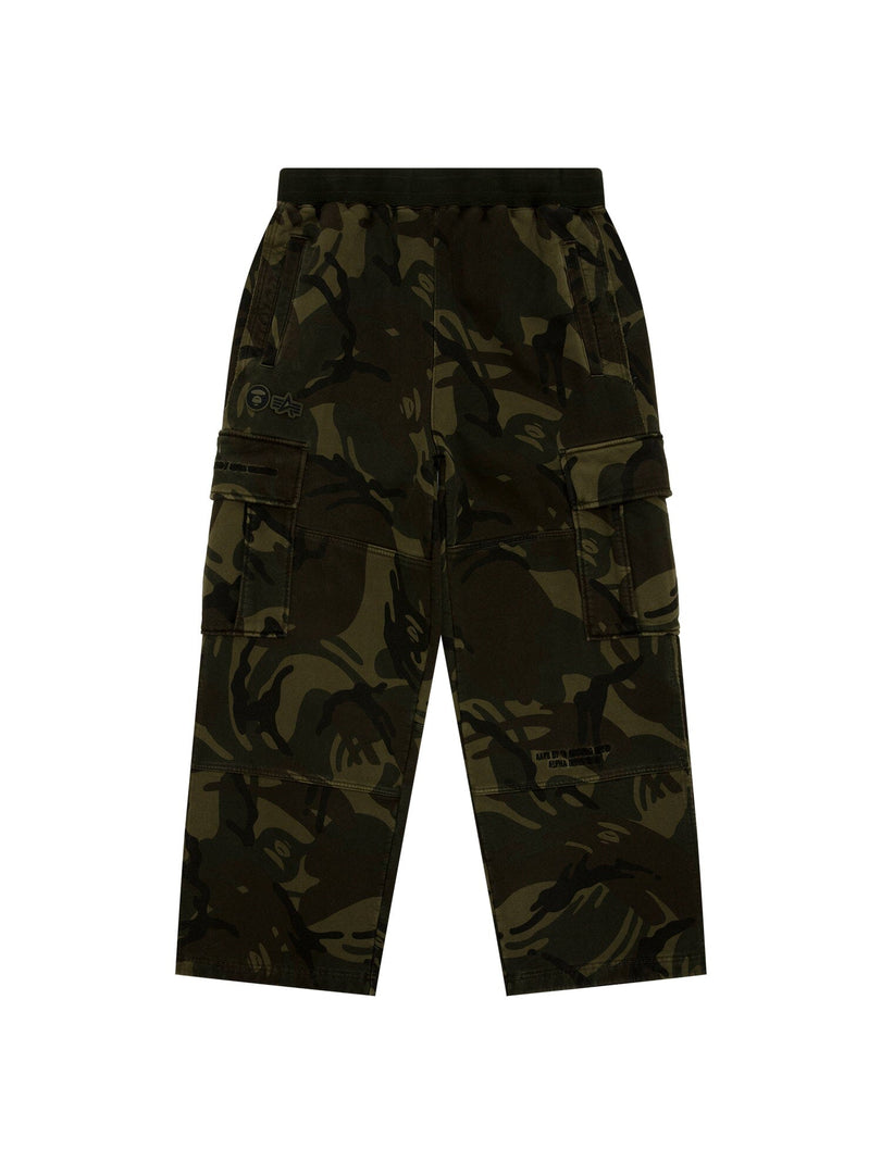 Aape X Alpha Camo Army Sweatpant by Alpha Industries, camouflage pattern, loose fit, side pockets, elastic waistband.
