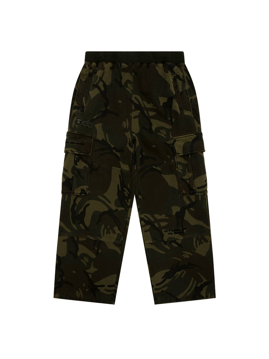 Aape X Alpha Camo Army Sweatpant by Alpha Industries, camouflage pattern, loose fit, side pockets, elastic waistband.
