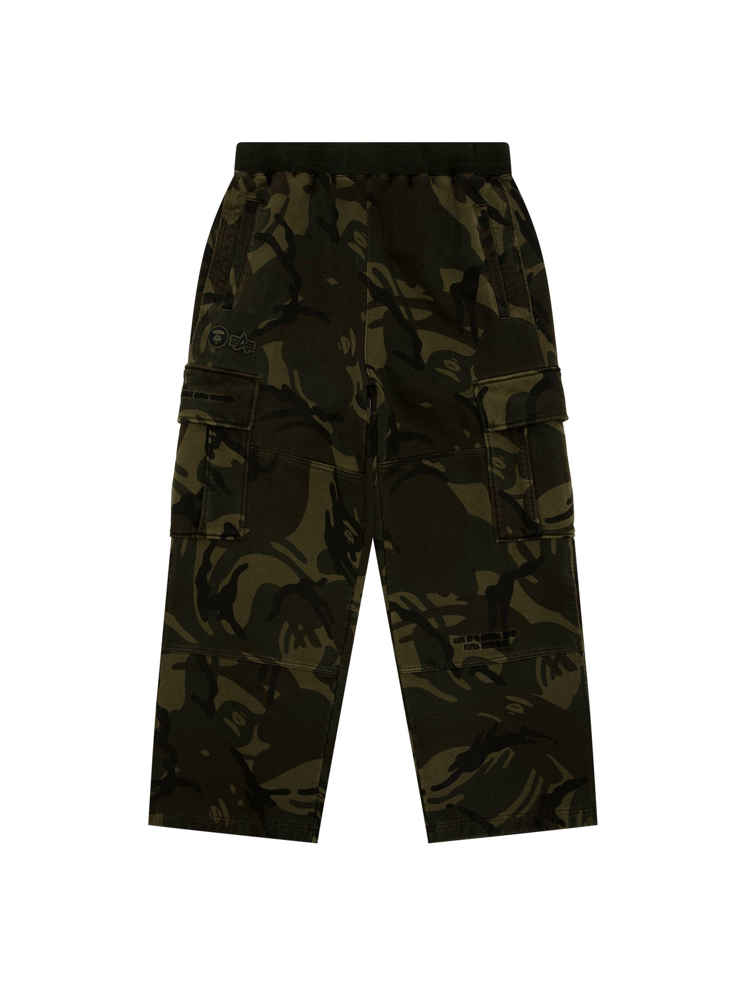 Aape X Alpha Camo Army Sweatpant by Alpha Industries, camouflage pattern, loose fit, side pockets, elastic waistband.