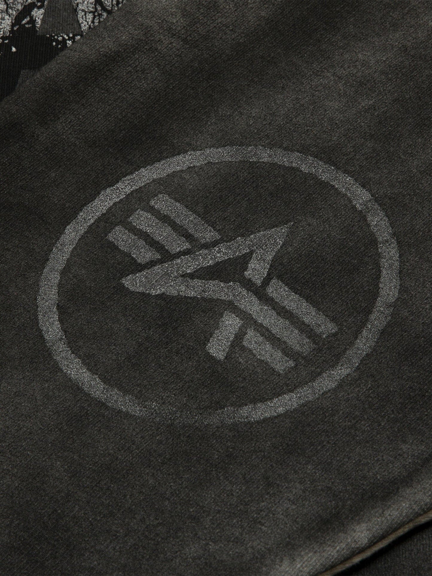 Aape X Alpha Crewneck Sweatshirt by Alpha Industries, featuring a circular geometric logo with three parallel lines crossed by an angled line at the center.