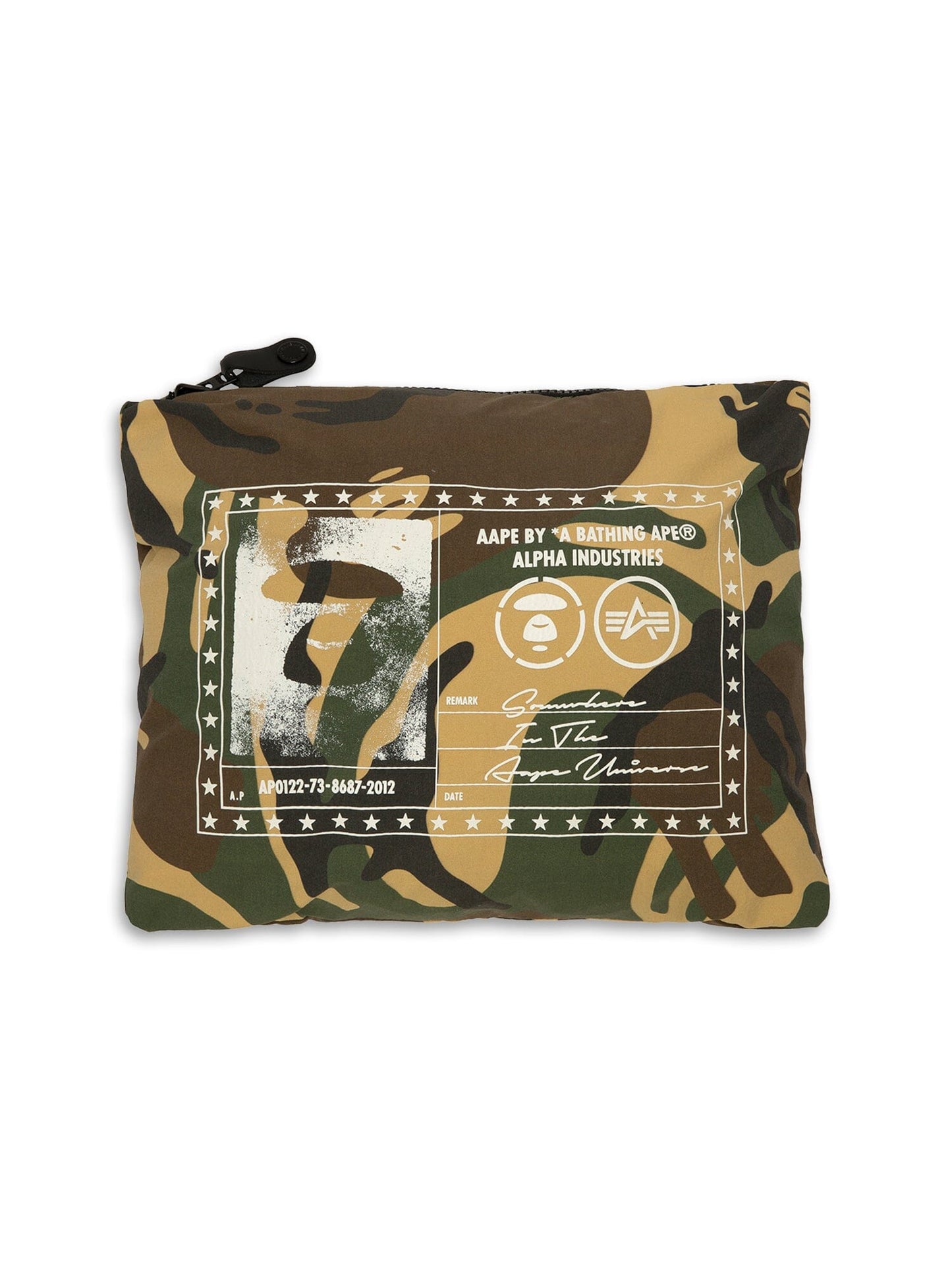 Folded view of the AAPE x Alpha Industries 2-Layer Rain Jacket packed into its built-in pouch.