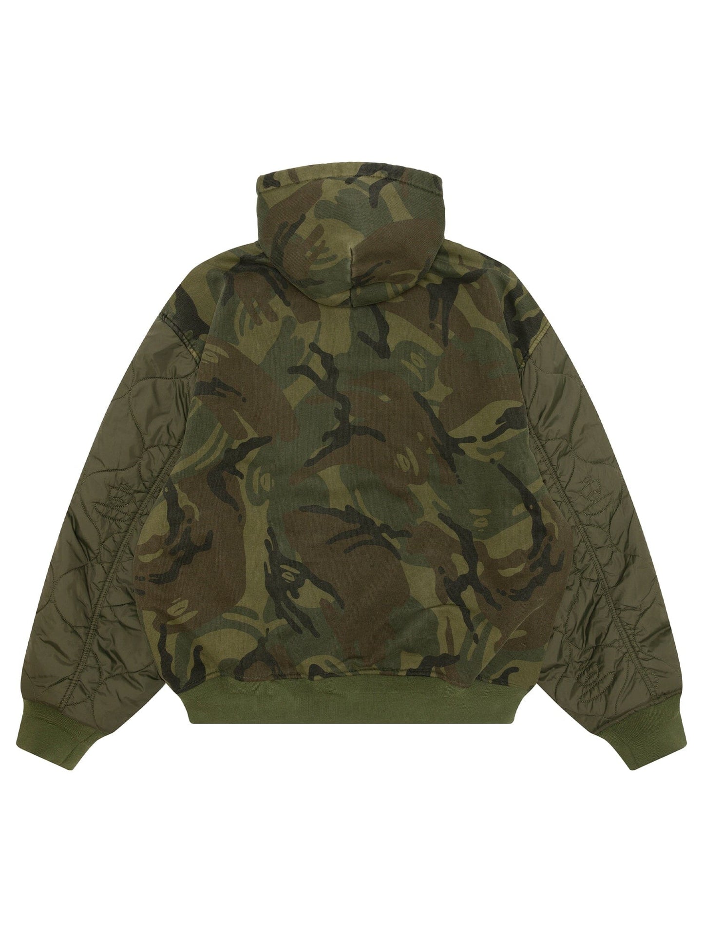 Aape X Alpha Reversible Padded MA-1 Quilted Jacket by Alpha Industries, green camo with quilted sleeves, ribbed cuffs and hem.