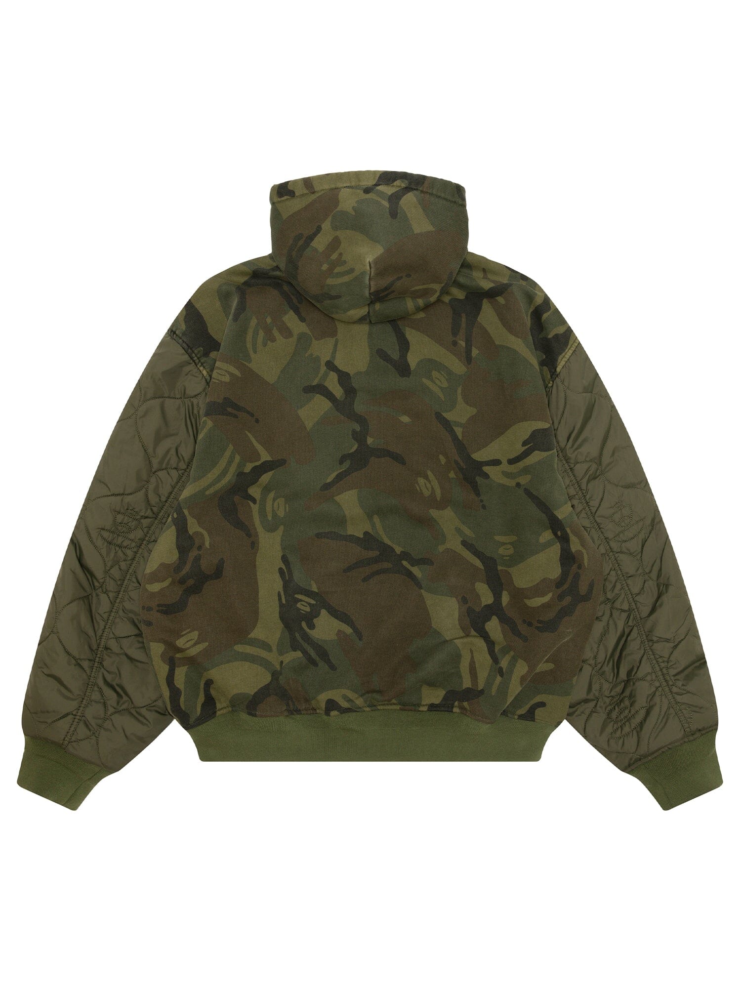 Aape X Alpha Reversible Padded MA-1 Quilted Jacket by Alpha Industries, green camo with quilted sleeves, ribbed cuffs and hem.