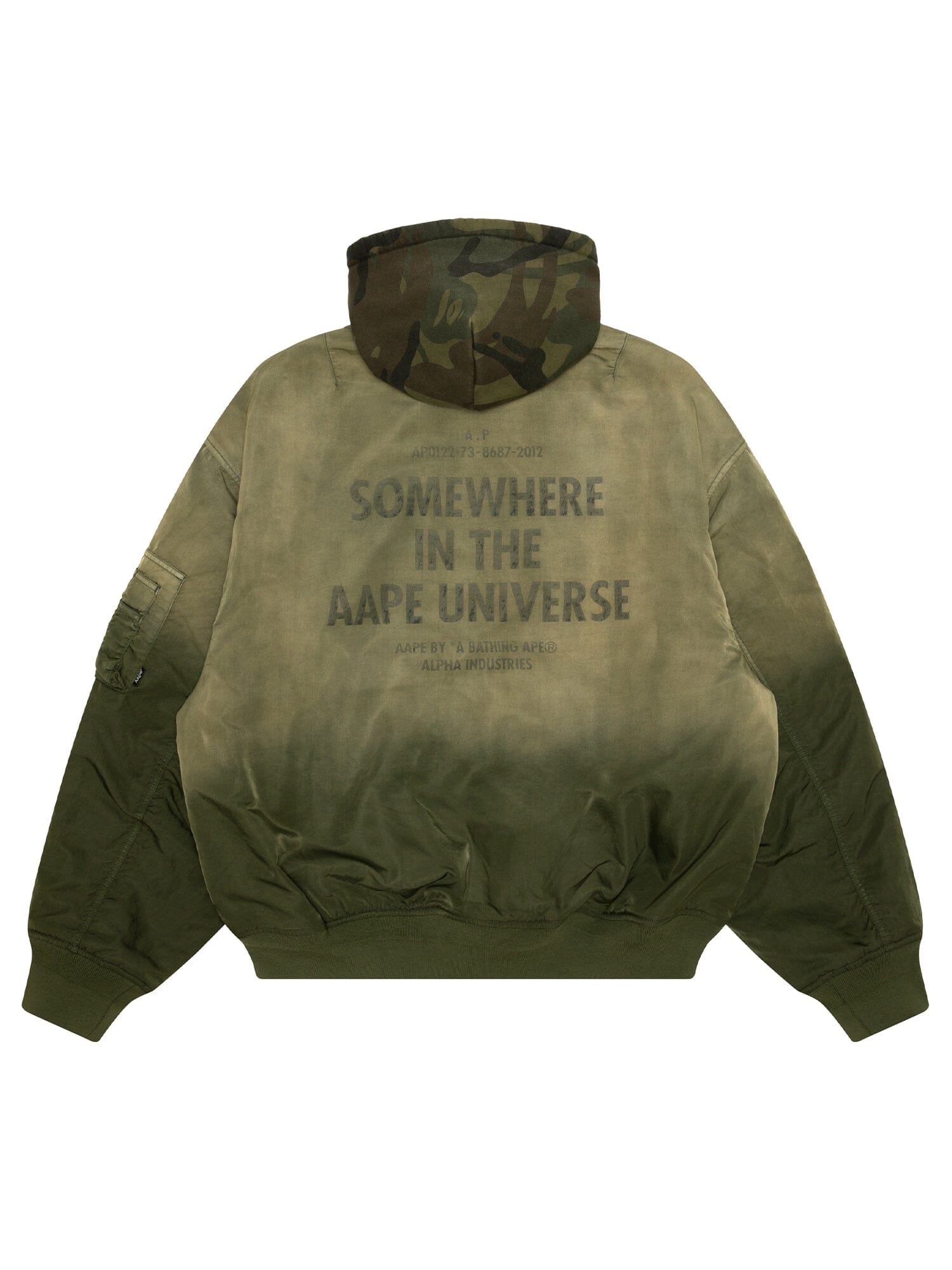 AAPE X Alpha Reversible Padded MA-1 Quilted Jacket by Alpha Industries, camouflage hood, Somewhere in the AAPE Universe text on back.