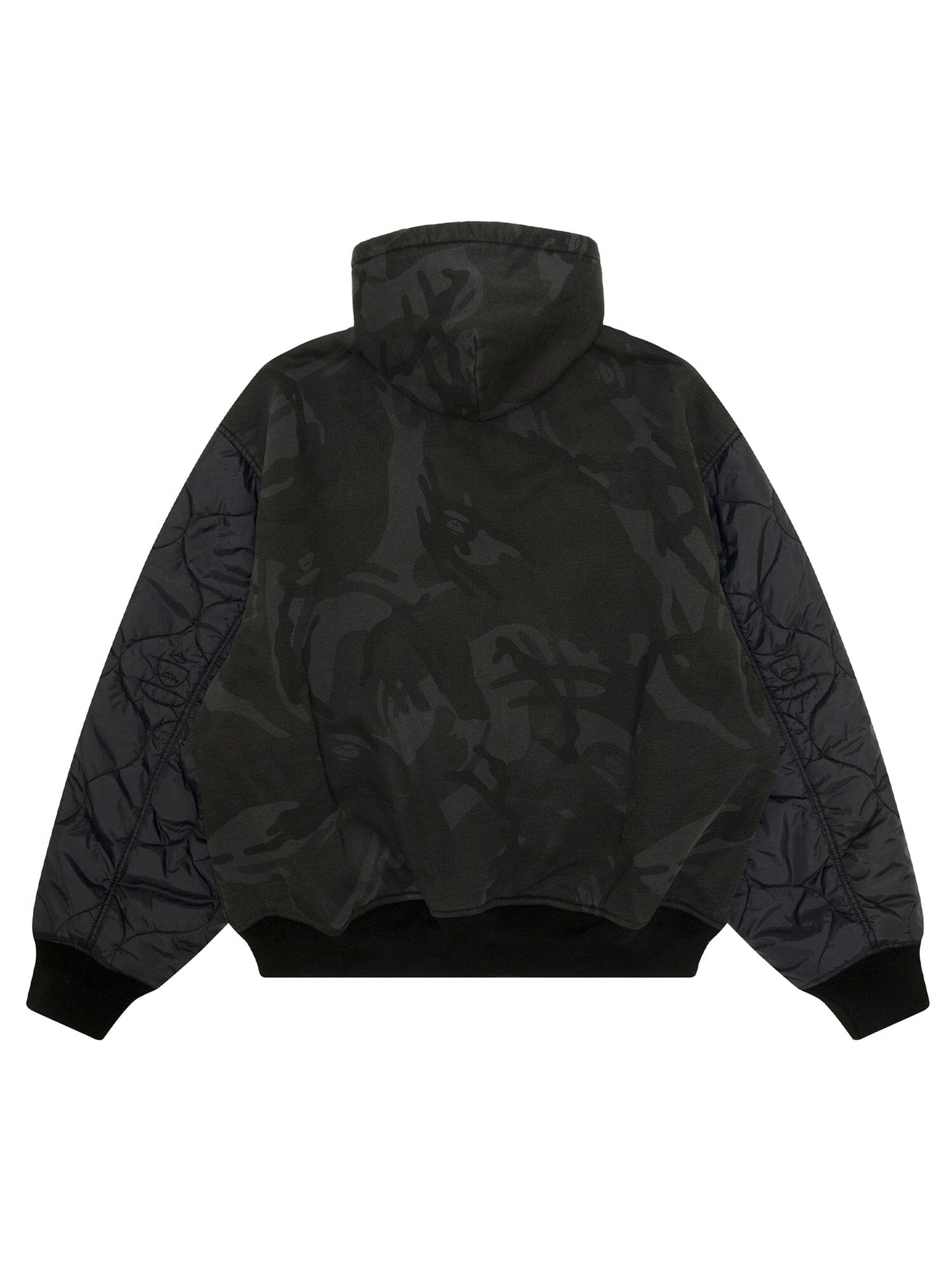 Aape X Alpha MA-1 Quilted Jacket by Alpha Industries, dark green and black camo with quilted black sleeves, reversible, padded.