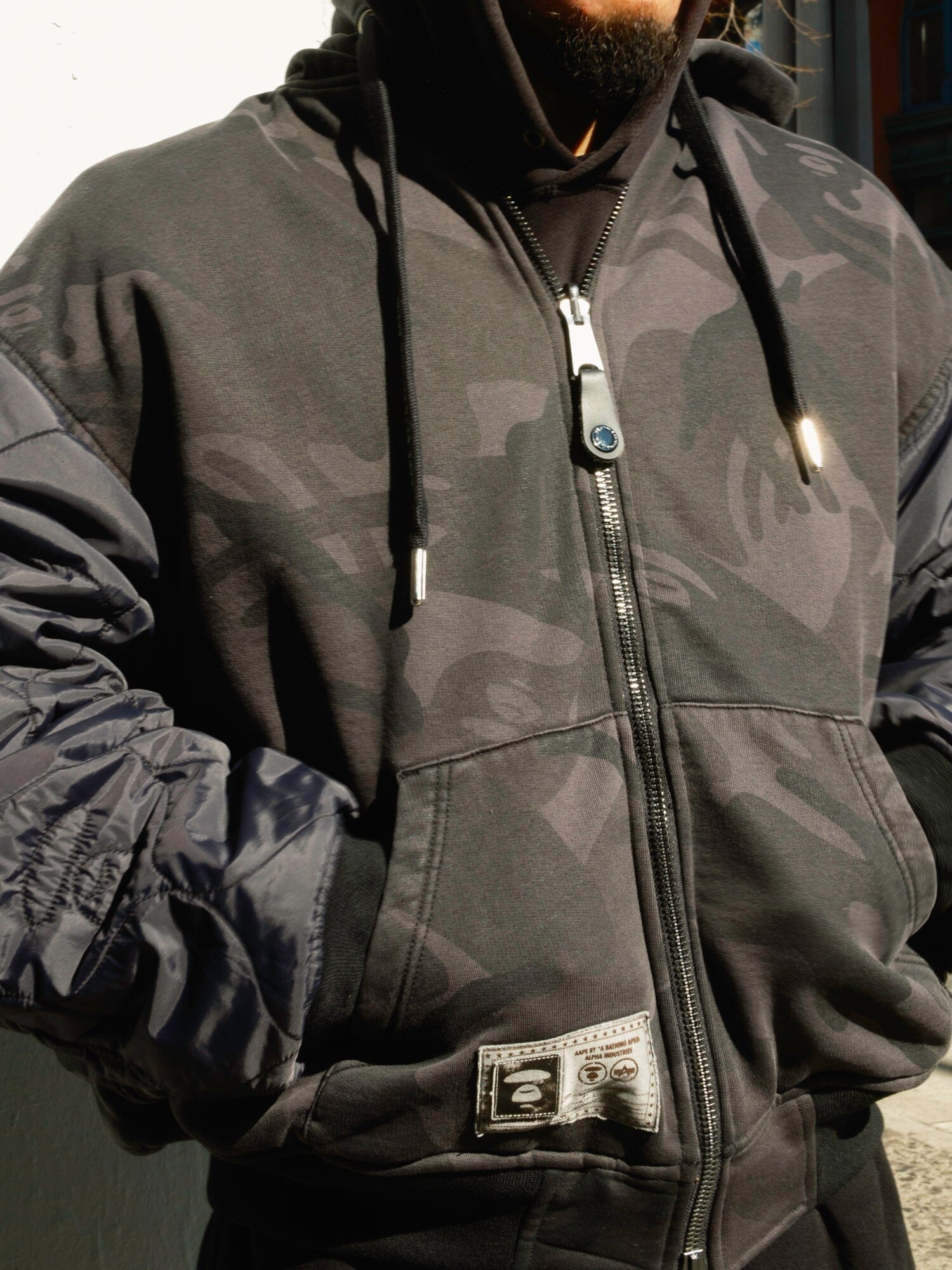 Alpha Industries Aape X Alpha Reversible Padded MA-1 Quilted Jacket, camo print, patch, hood, shiny metallic zipper pulls.