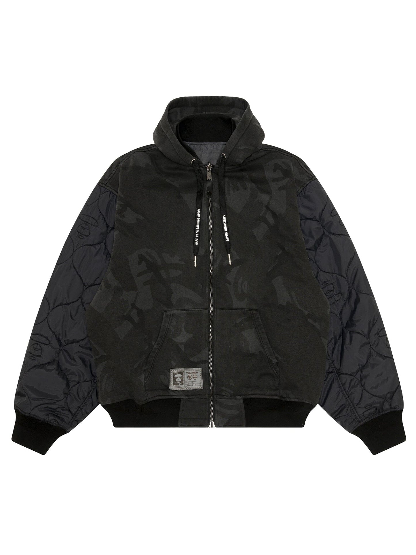 Aape X Alpha Reversible Padded MA-1 Quilted Jacket by Alpha Industries, black hood, quilted sleeves, camo body, front pockets, patch near hem.
