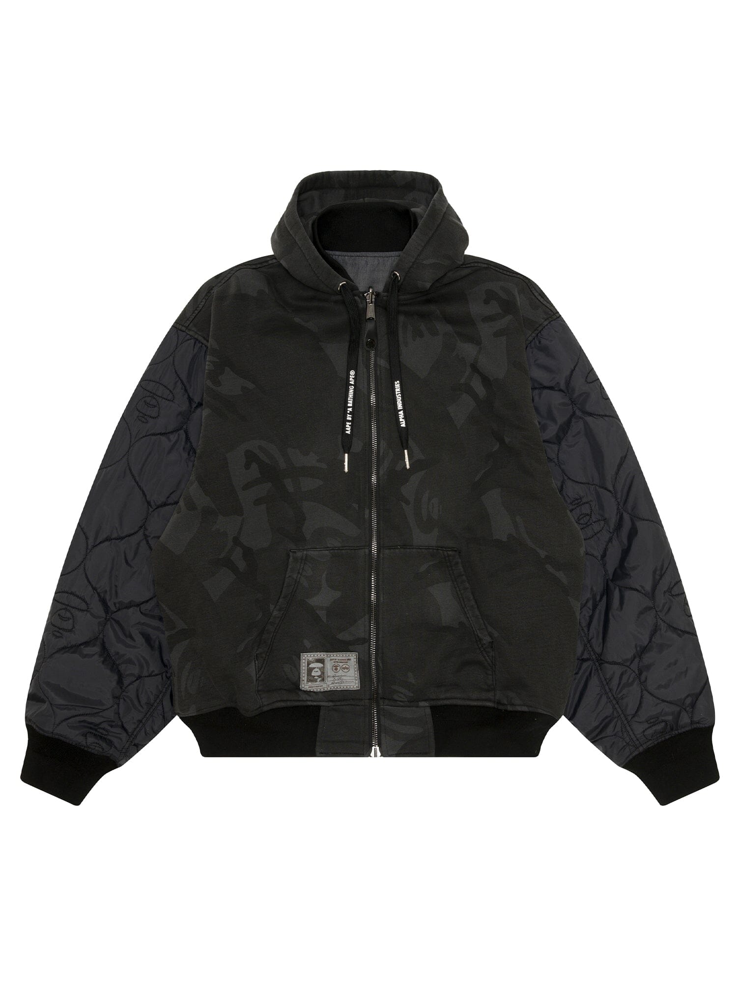 Aape X Alpha Reversible Padded MA-1 Quilted Jacket by Alpha Industries, black hood, quilted sleeves, camo body, front pockets, patch near hem.