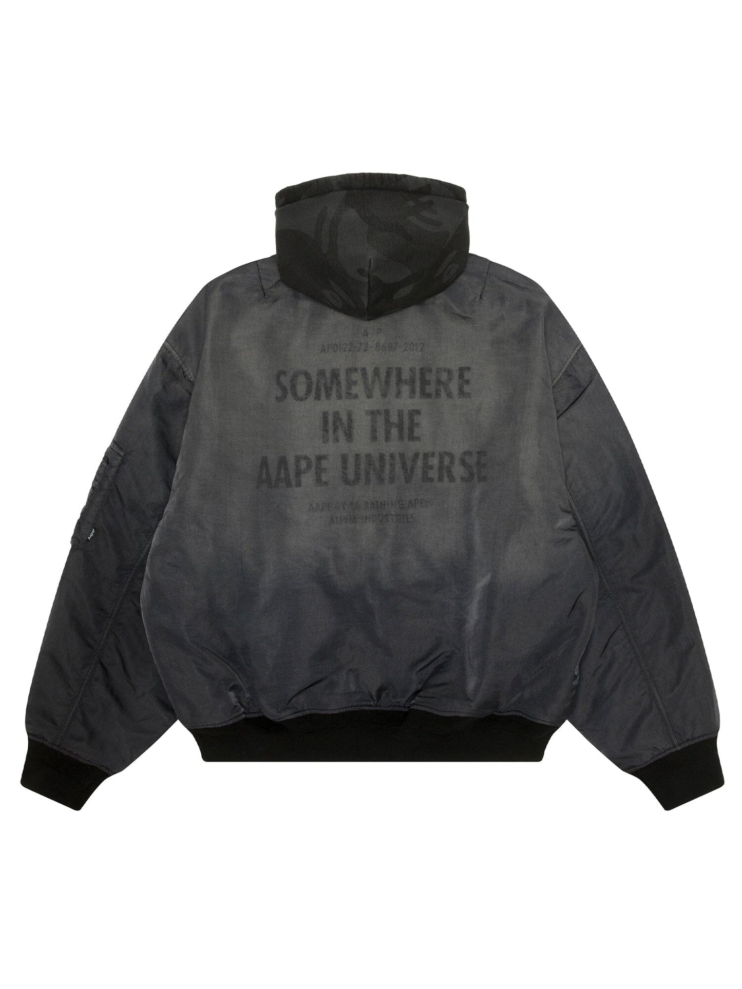 Aape X Alpha Reversible Padded MA-1 Quilted Jacket, Alpha Industries; subtle camo pattern, quilted material, reversible design, padded, bold Somewhere in the Aape Universe text on back.