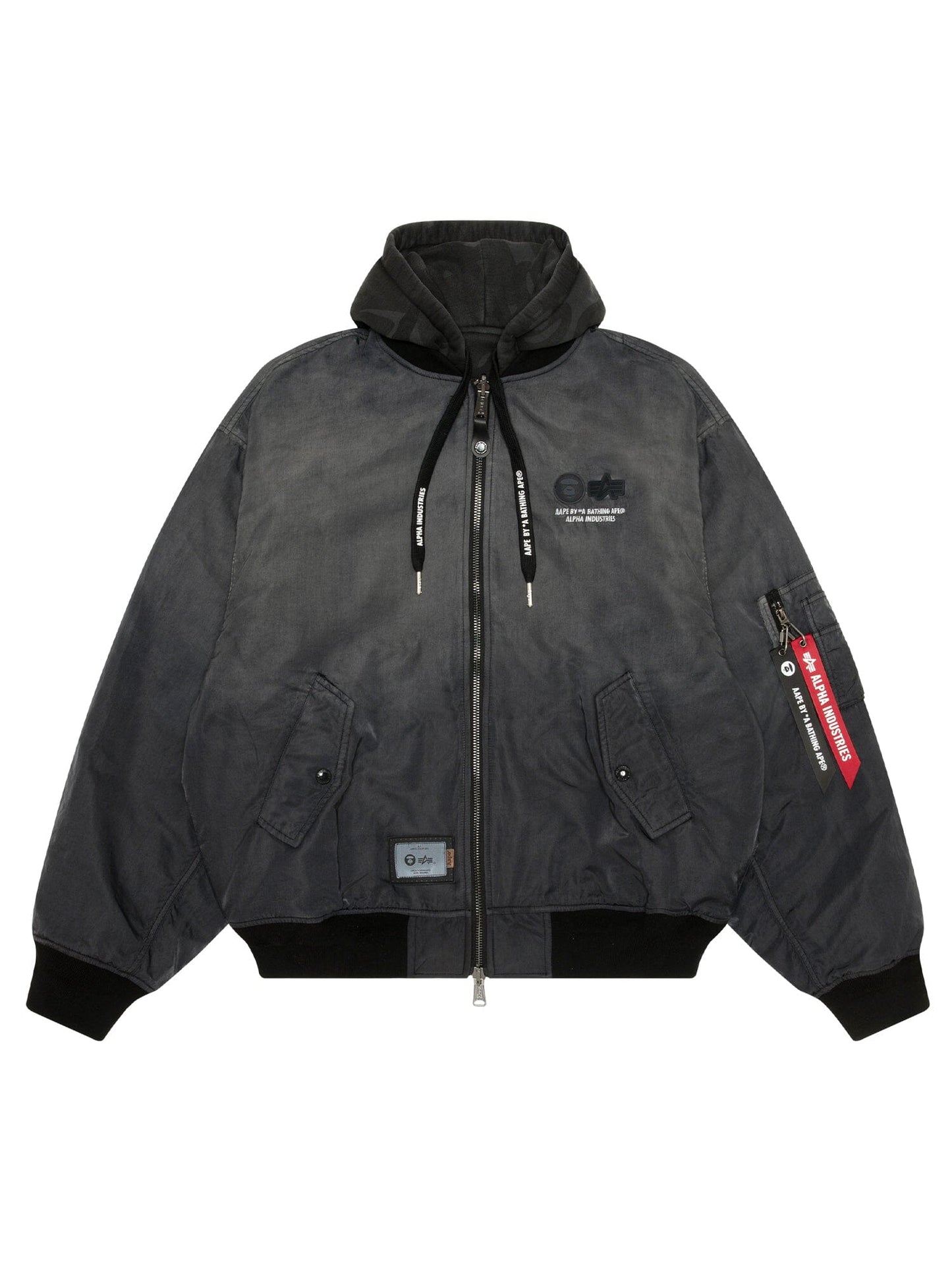 Aape X Alpha Reversible Padded MA-1 Quilted Jacket Black by Alpha Industries, hood, zip front, flap pockets, decorative sleeve tags, printed text, logo details.