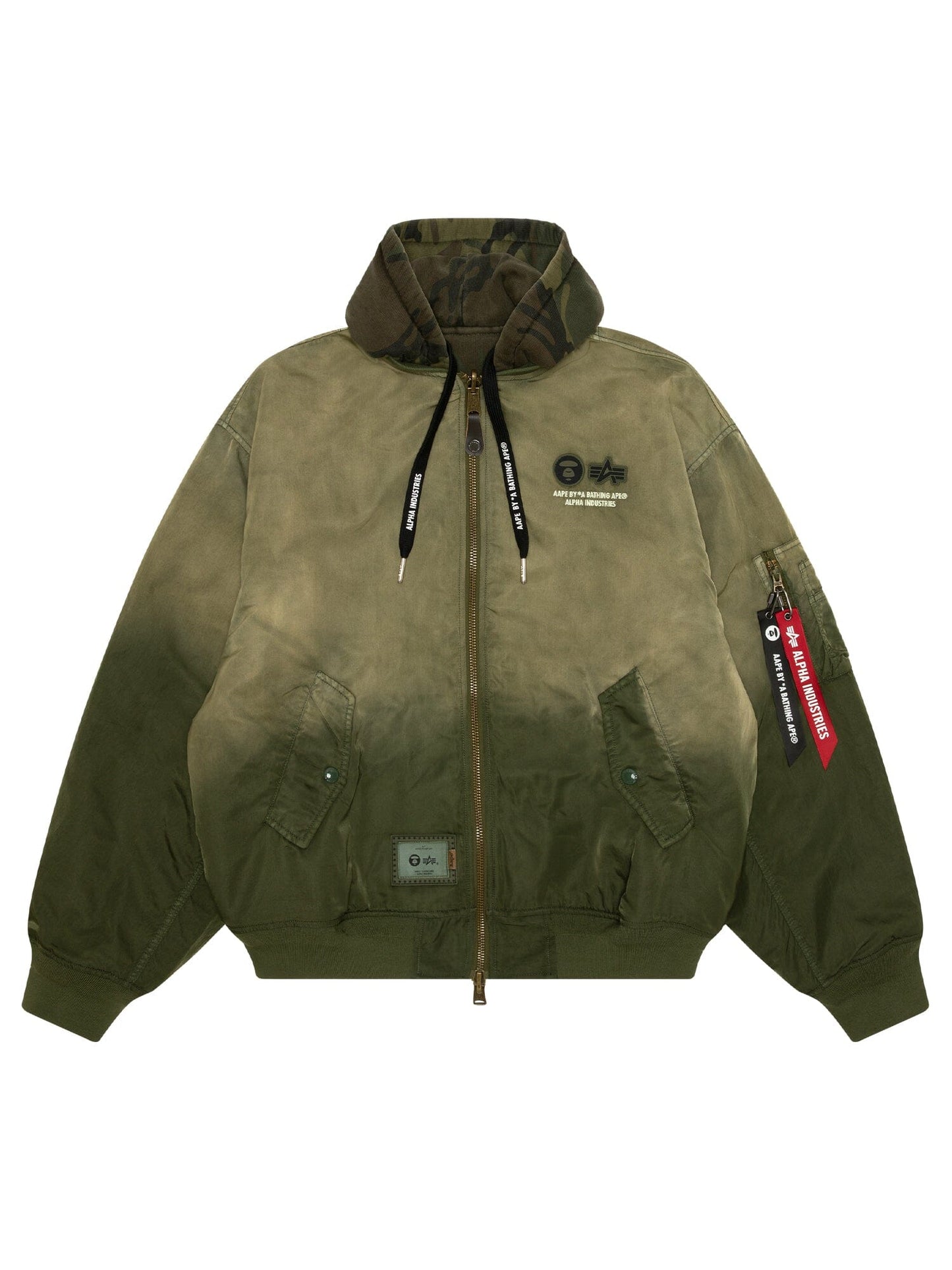 Aape x Alpha Industries MA-1 Quilted Jacket, green, reversible, padded, front pockets, zip closure, camo-print hood, branded zipper pulls.