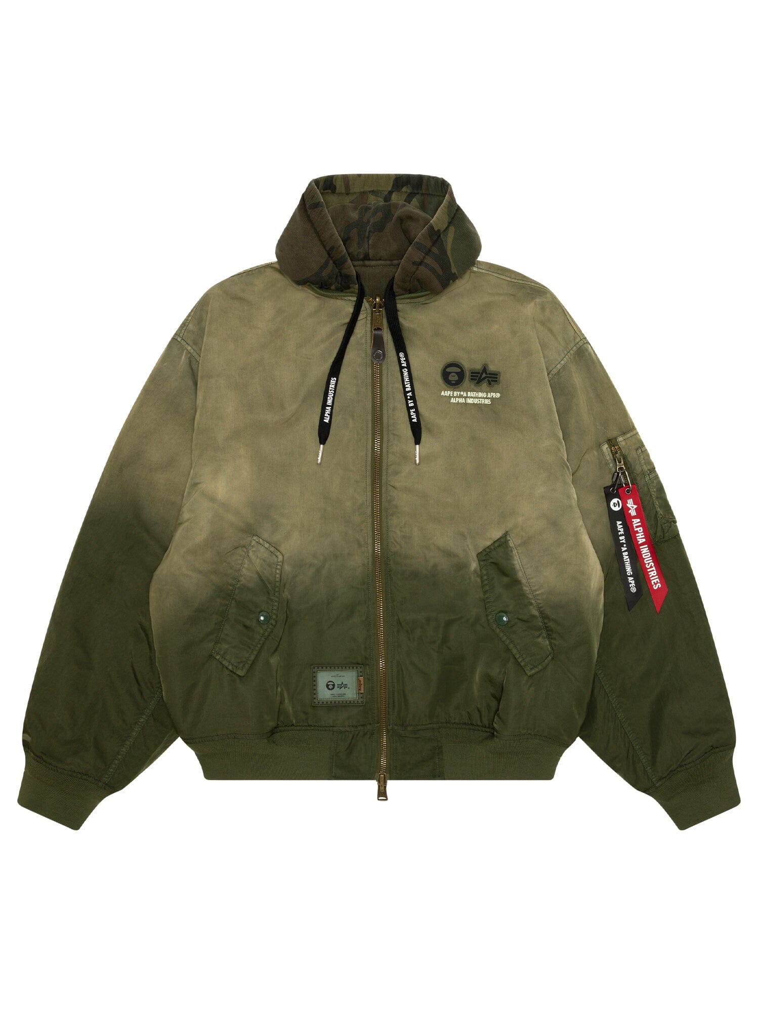 Aape x Alpha Industries MA-1 Quilted Jacket, green, reversible, padded, front pockets, zip closure, camo-print hood, branded zipper pulls.