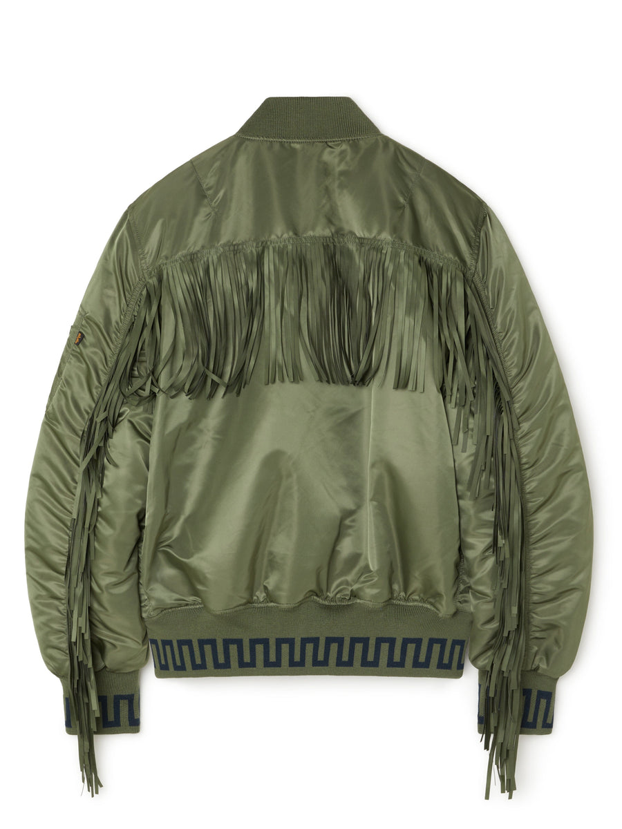 Alpha Industries MA-1 Jacket, olive green satin, long fringe on back and sleeves, ribbed cuffs, patterned hem, Patchwork Bandana lining.