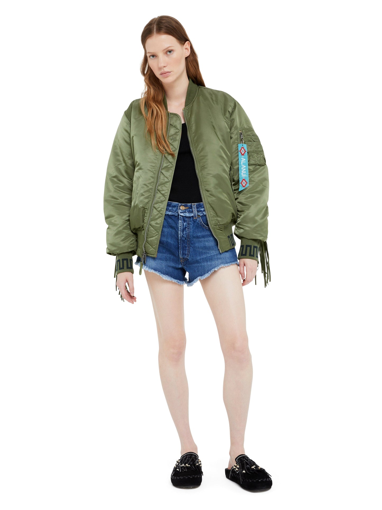 Alpha Industries MA-1 Jacket, olive green, nylon, ribbed cuffs and hem, front zipper closure.