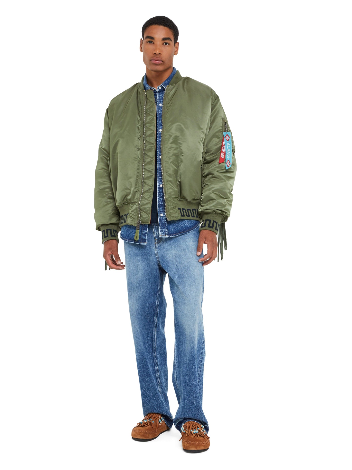 Alpha Industries MA-1 Jacket, olive green, nylon material, front zipper closure.