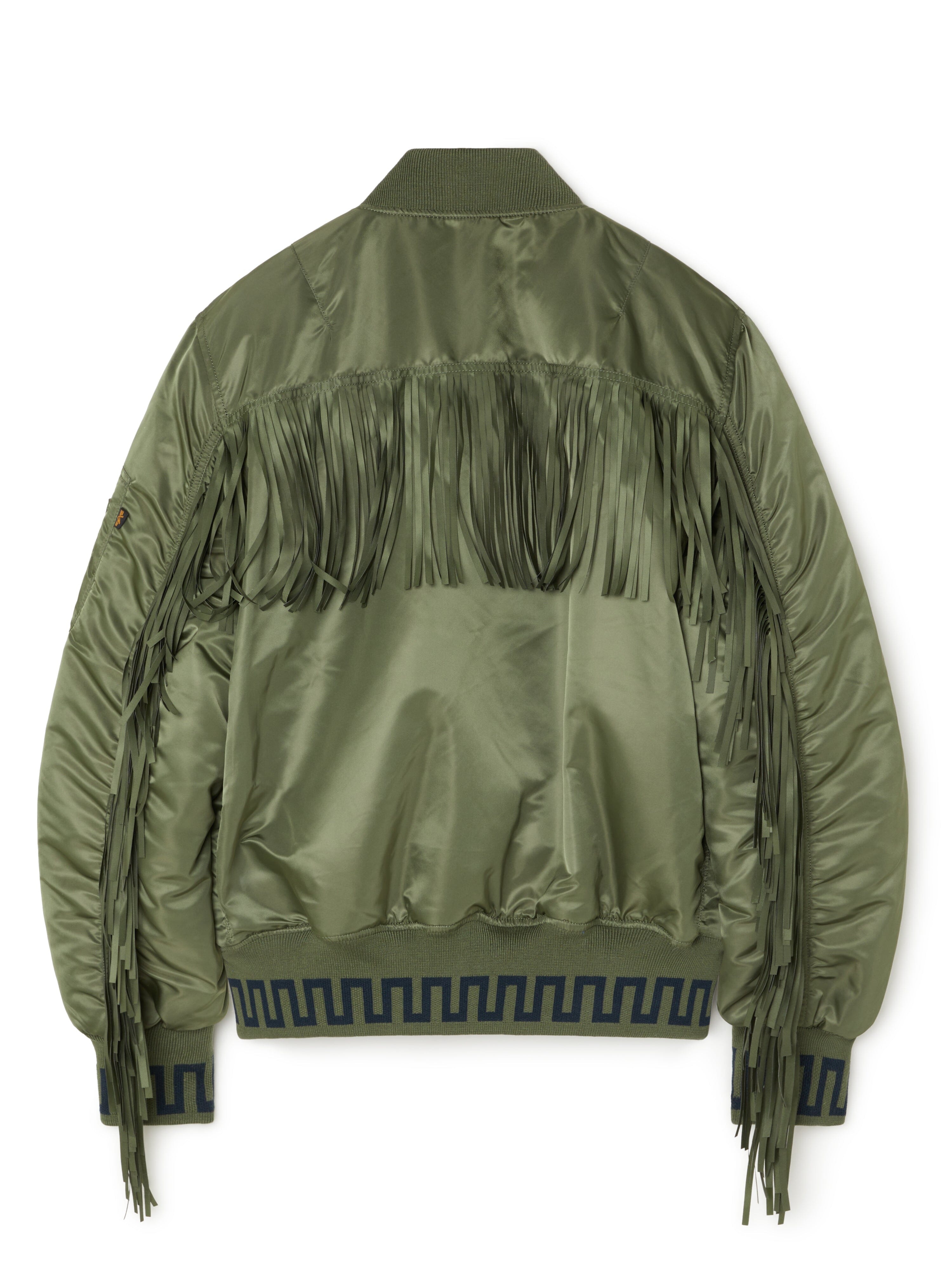 Alpha Industries Ma-1 Jacket, Olive Green Bomber, Long Fringe on Back and Sleeves, Patchwork Bandana Lining, Dark Trim at Hem.