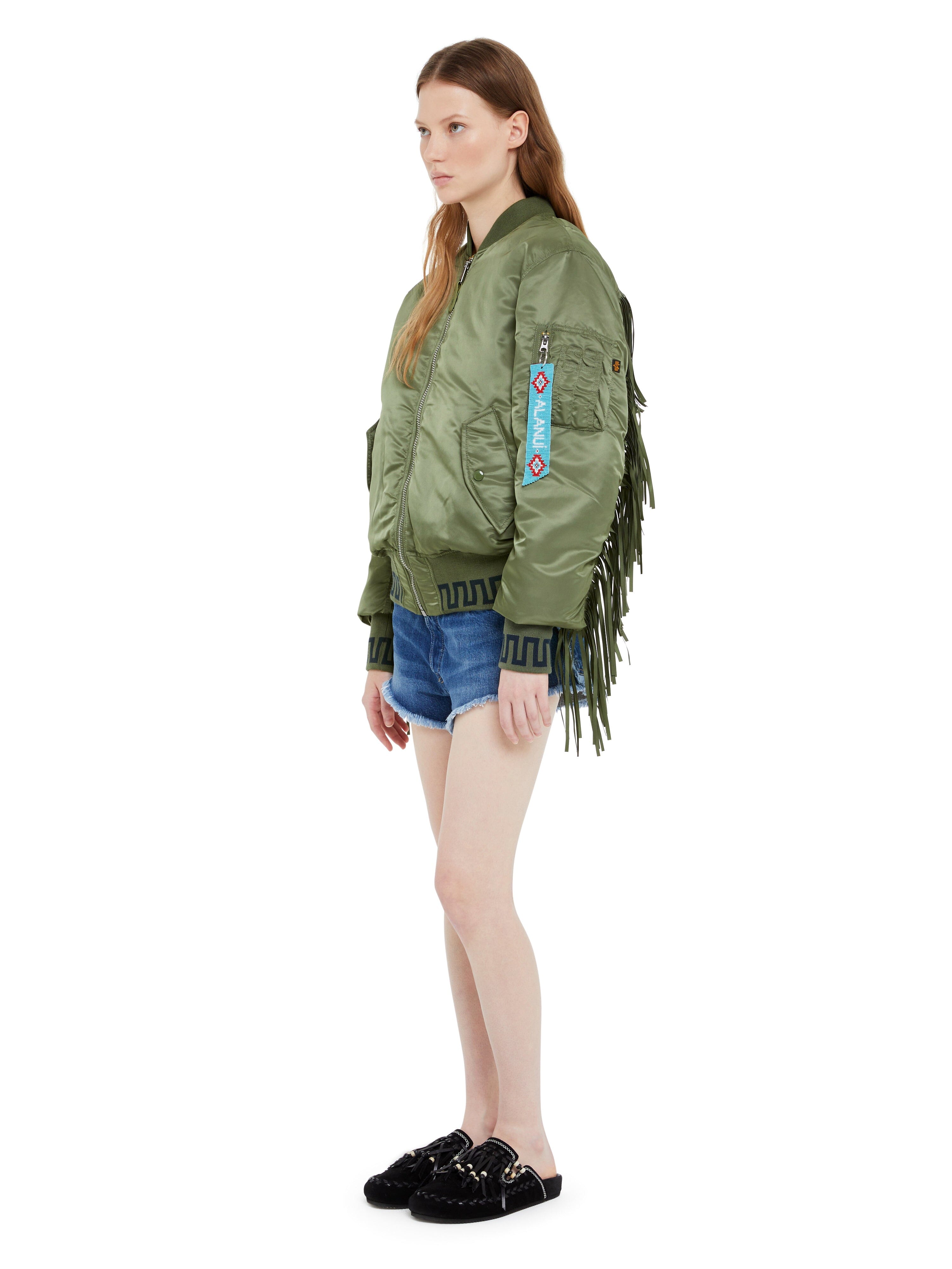 Alpha Industries MA-1 Jacket in olive green with front zipper closure.