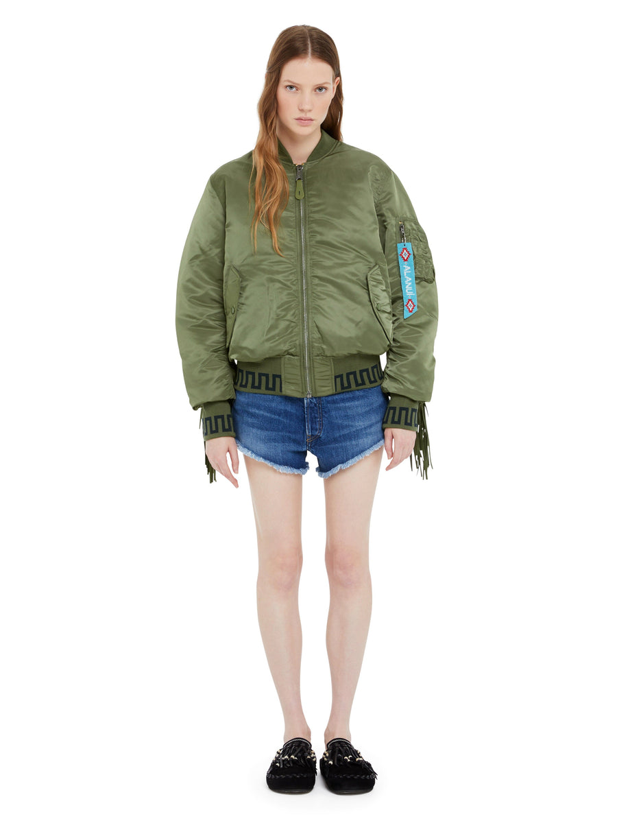 Alanui X Alpha Industries MA-1 Jacket, green nylon with front zipper and ribbed cuffs.