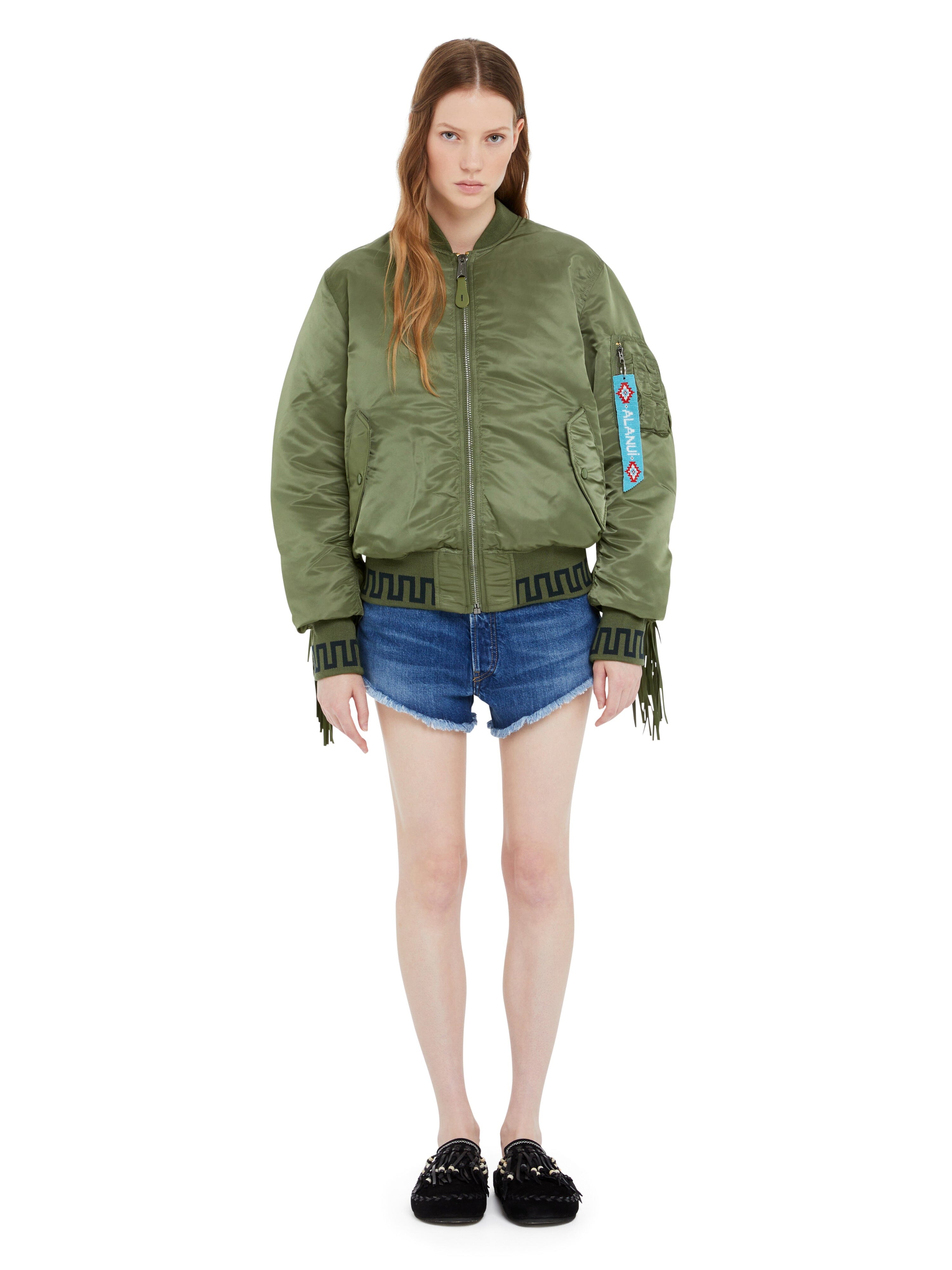 Alanui X Alpha Industries MA-1 Jacket, green nylon with front zipper and ribbed cuffs.