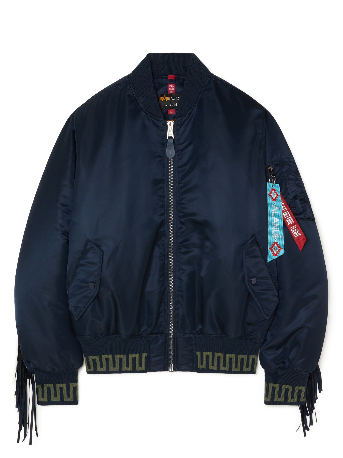 Alpha Industries MA-1 Jacket, Replica Blue, front zipper, green geometric trim on cuffs and hem, fringe details, patchwork bandana lining, red fabric sleeve zipper tag.