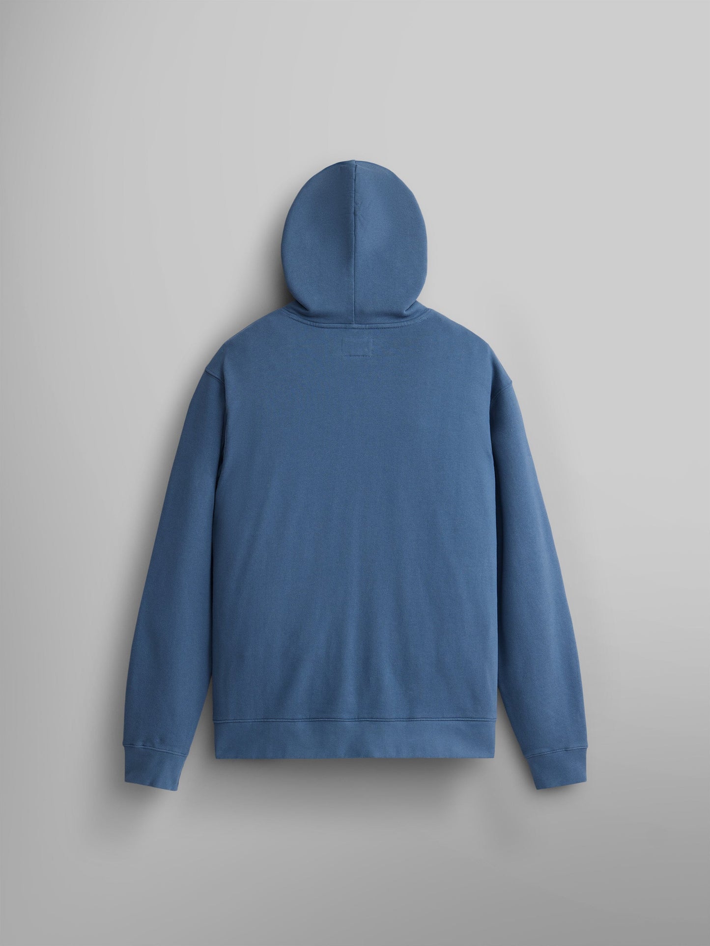 Alpha Badge Hoodie by Alpha Industries, blue, back view.