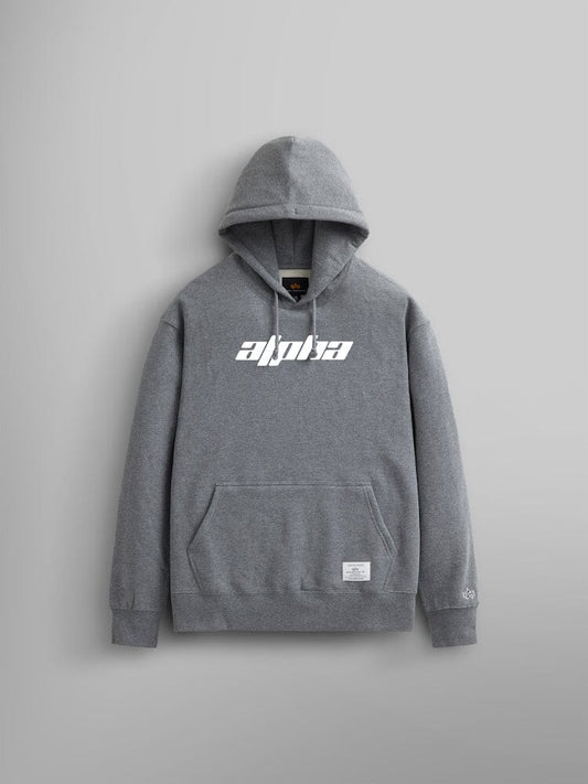 The Alpha Logos Hoodie from Alpha Industries, comes in a medium charcoal heather color and features a kangaroo pocket with the "Alpha" logo printed in white on the chest.