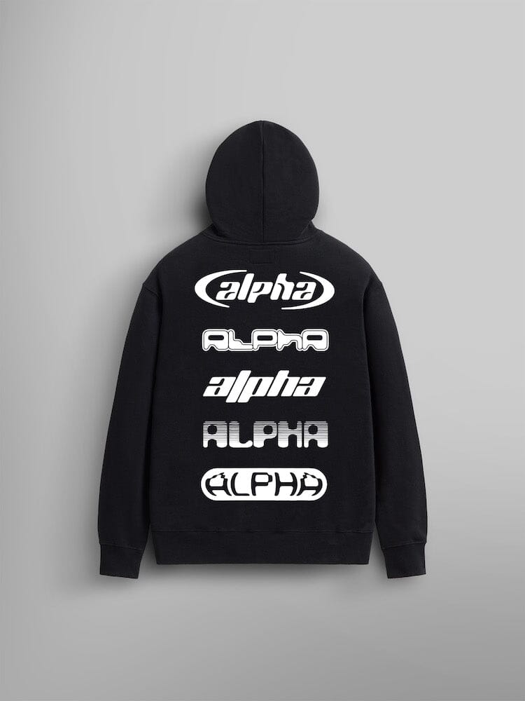The Alpha Logos Hoodie by Alpha Industries is showcased against a light gray background. This black, unisex hoodie boasts an assortment of white "Alpha" logos in different fonts on the back.