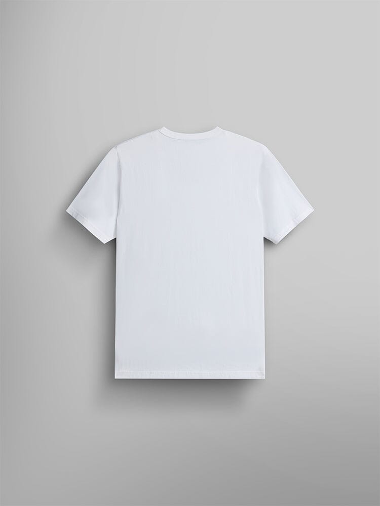 Alpha Warped Label Tee by Alpha Industries, white short-sleeve t-shirt, warped label detail.