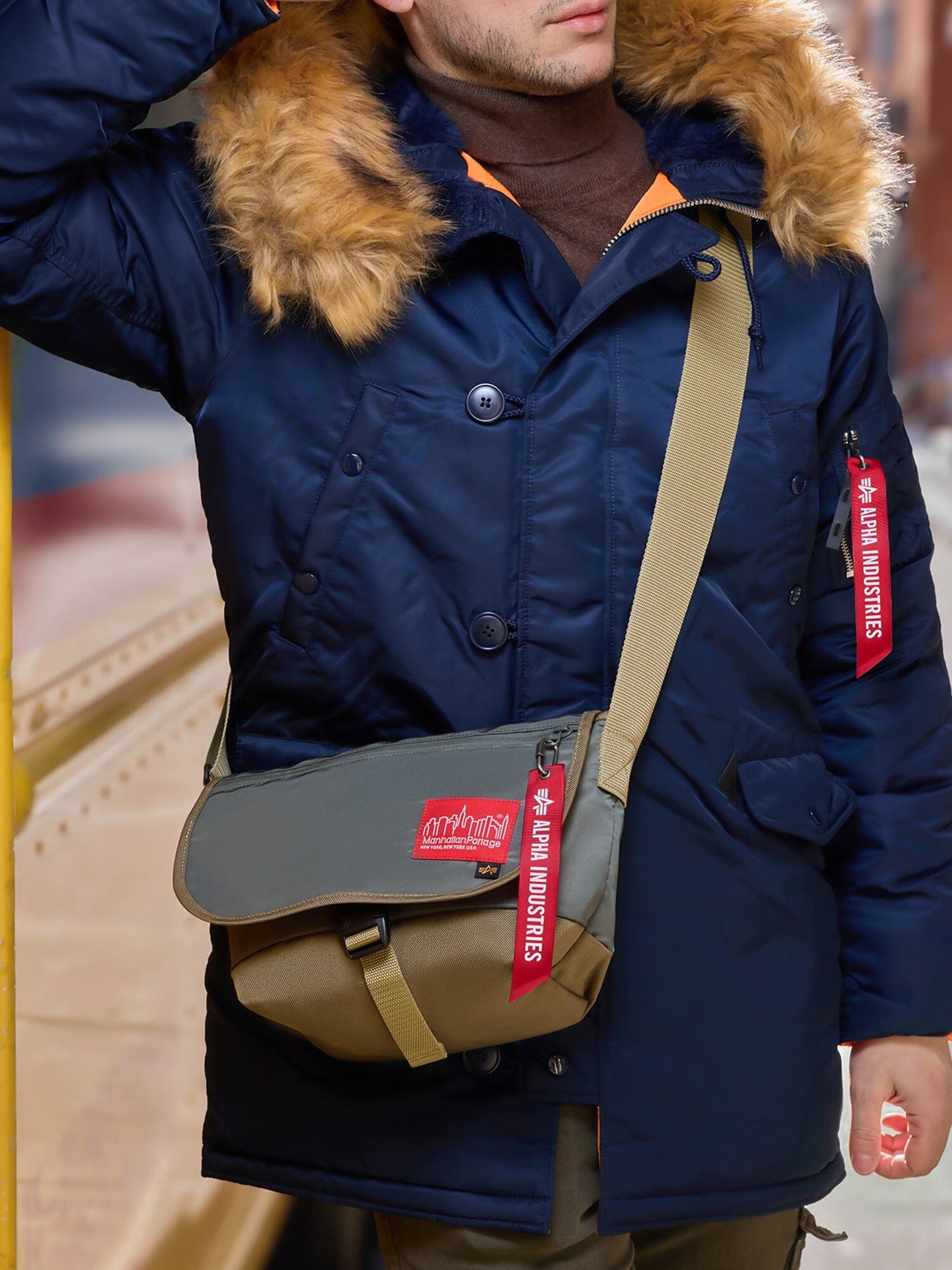 Alpha Industries Navy Parka with Fur Hood and MA-1 Nylon Messenger Bag SM, Both with Red Futur Ministress Tags; Parka Has Orange Flight Nylon Lining.