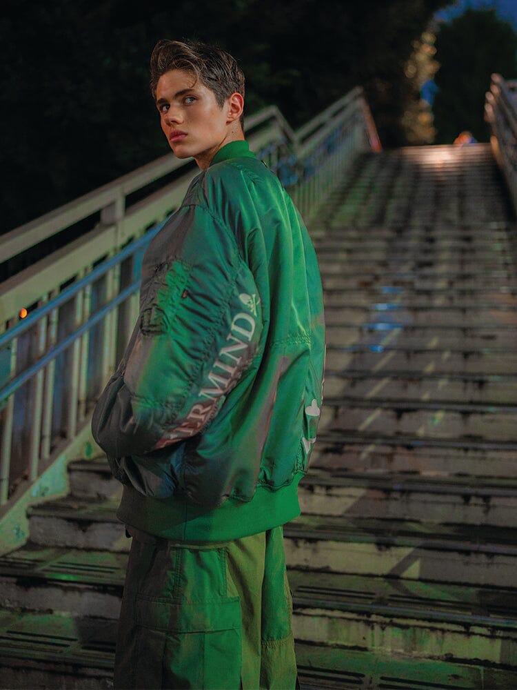 Alpha X Mastermind MA-1 Bomber Jacket by Alpha Industries, black nylon, front zipper closure, ribbed cuffs and hem. Matching pants.