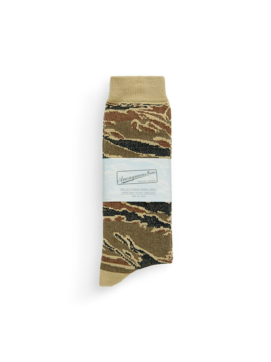 Anon X Alpha Camo Sock by Alpha Industries, camo pattern with beige cuff, wrapped with white Anonymous Ism branded paper label.