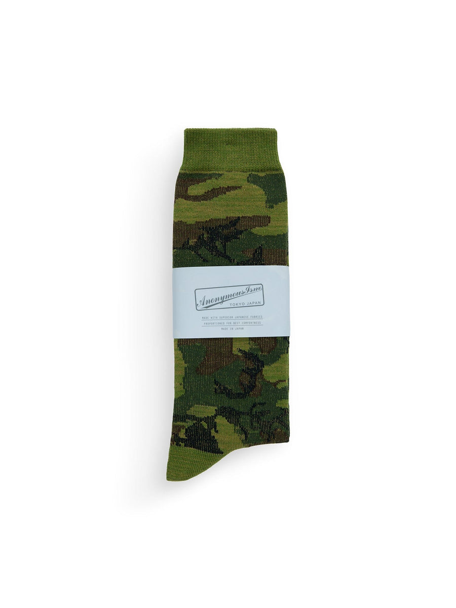 Anon X Alpha Camo Sock by Alpha Industries, green and brown camo, cotton-blend, light blue label around middle.