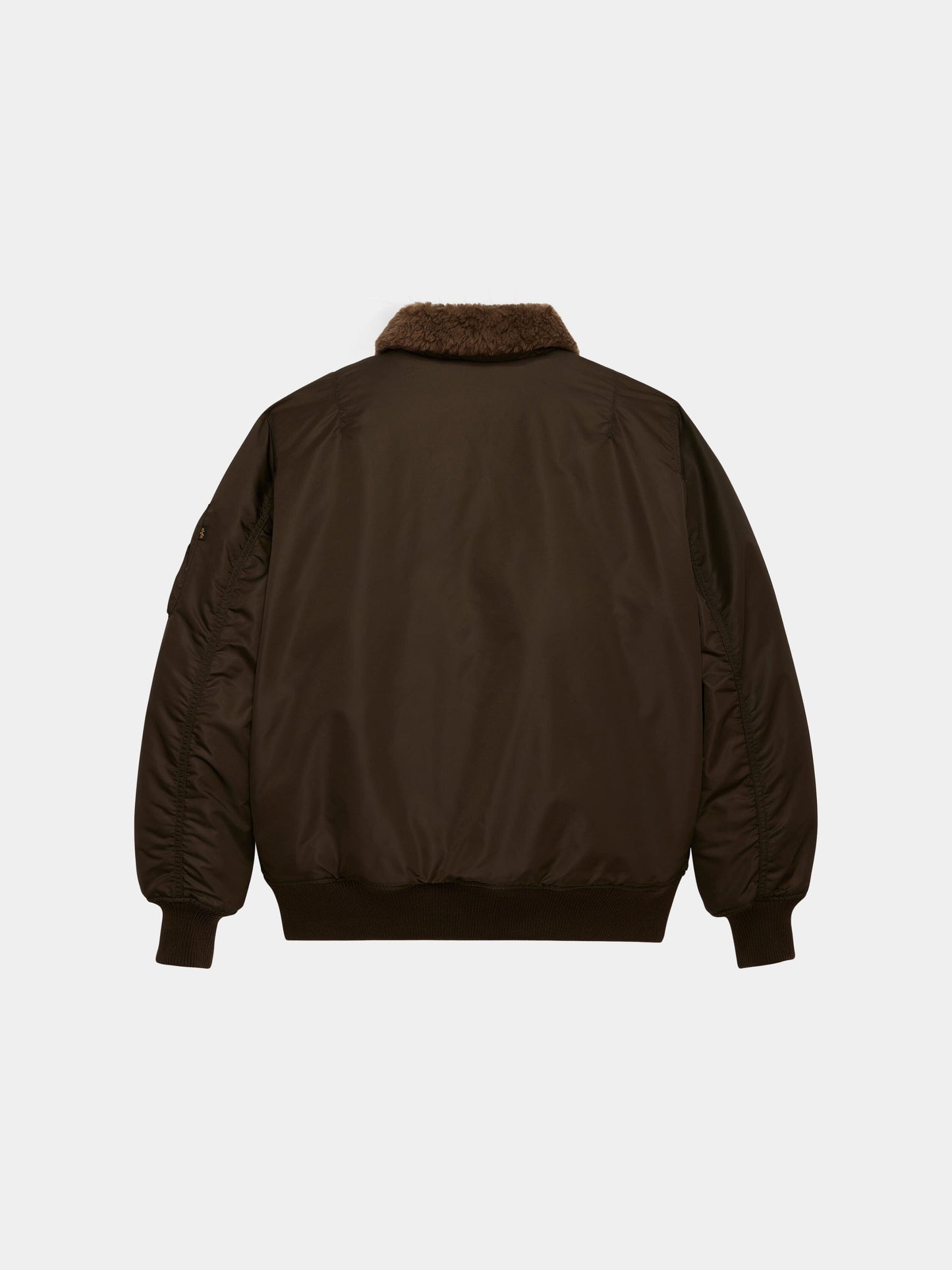 Alpha Industries B-15 Mod Bomber Jacket in dark brown with ribbed cuffs, waistband, and brown faux mouton collar.