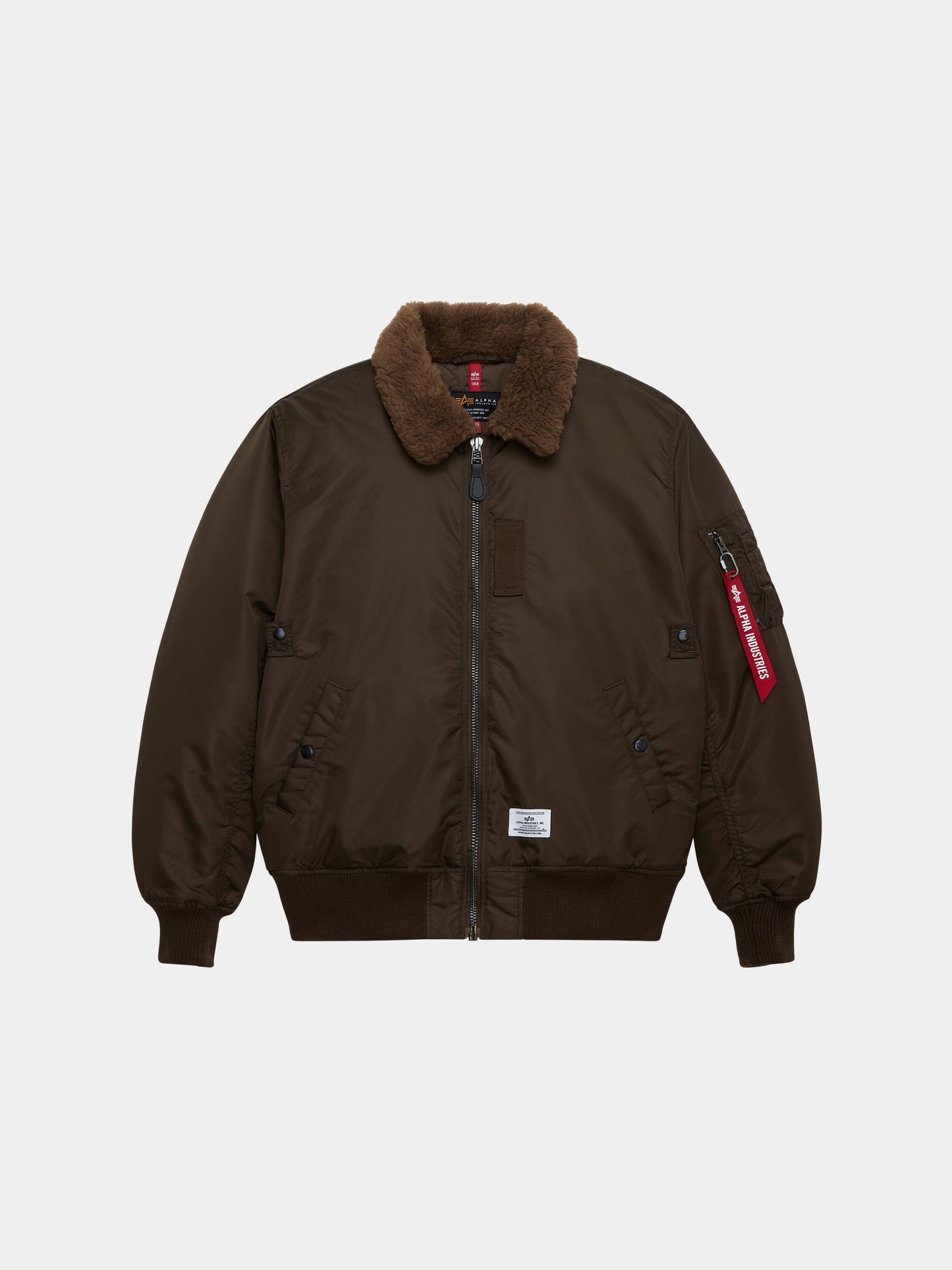 Alpha Industries B-15 Mod Bomber Jacket in espresso with faux mouton collar, front zipper, two button pockets, ribbed cuffs and hem.