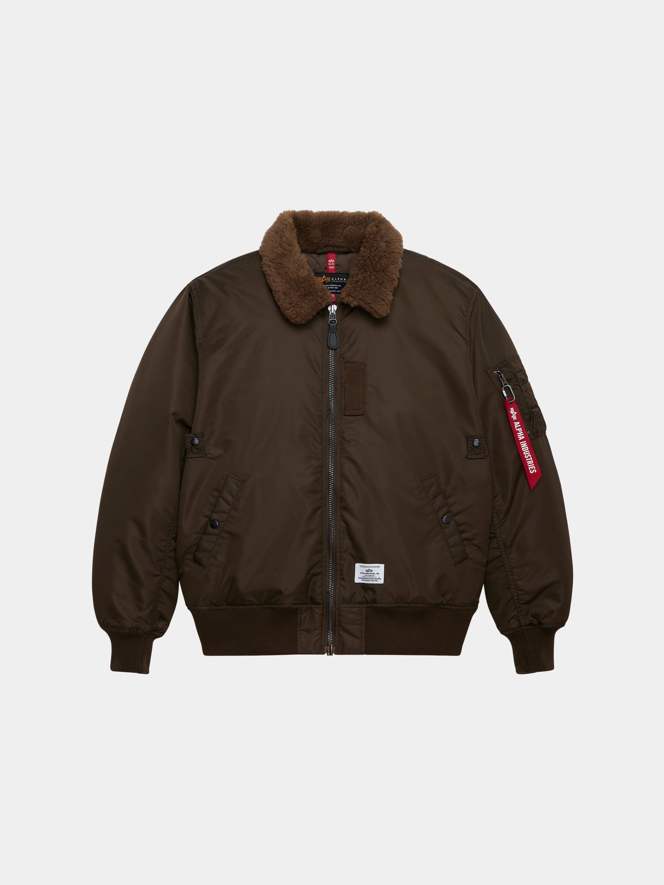 Alpha Industries B-15 Mod Bomber Jacket in espresso with faux mouton collar, front zipper, two button pockets, ribbed cuffs and hem.
