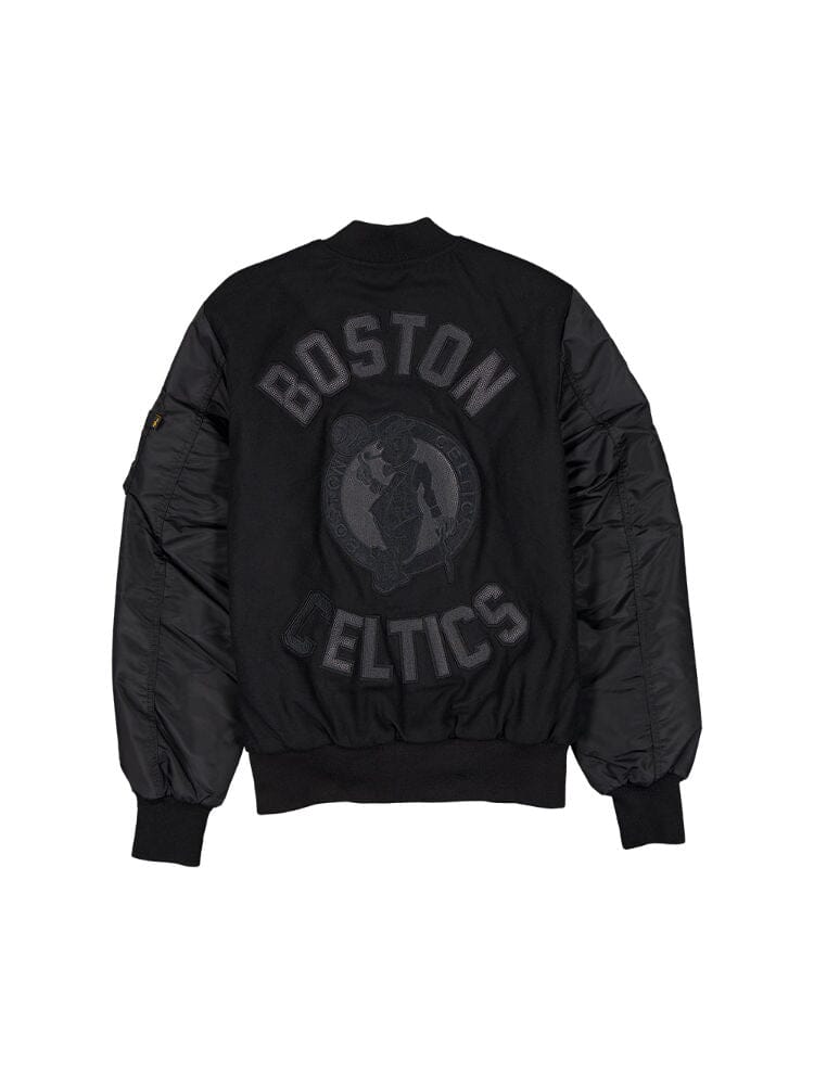 The Boston Celtics x Alpha x New Era Wool Varsity MA-1 Bomber Jacket by Alpha Industries features a striking large logo and text on the back, complemented by team patches for an authentic look.