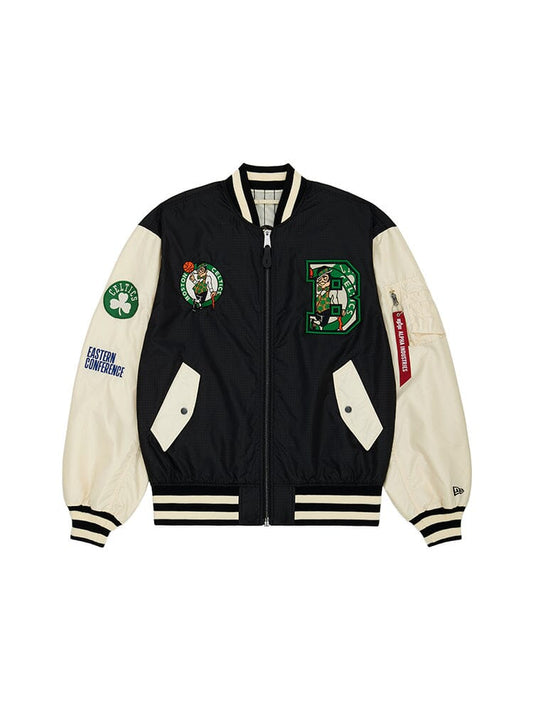 Introducing the Boston Celtics X Alpha x New Era L-2B Bomber Jacket by Alpha Industries. This black varsity jacket features Celtics logos, an Eastern Conference patch, and a red zip on the sleeve. With its pinstripe interior for added flair, this NBA bomber jacket proudly displays team patches that emphasize your dedication to the game.