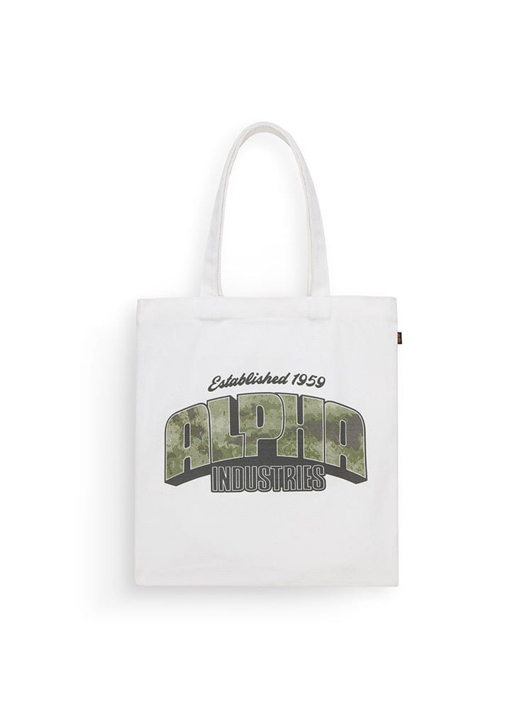 Alpha Industries Canvas Bag, khaki cotton tote with two handles, Alpha camo logo and Established 1959 Alpha Industries in green and gray lettering on front.