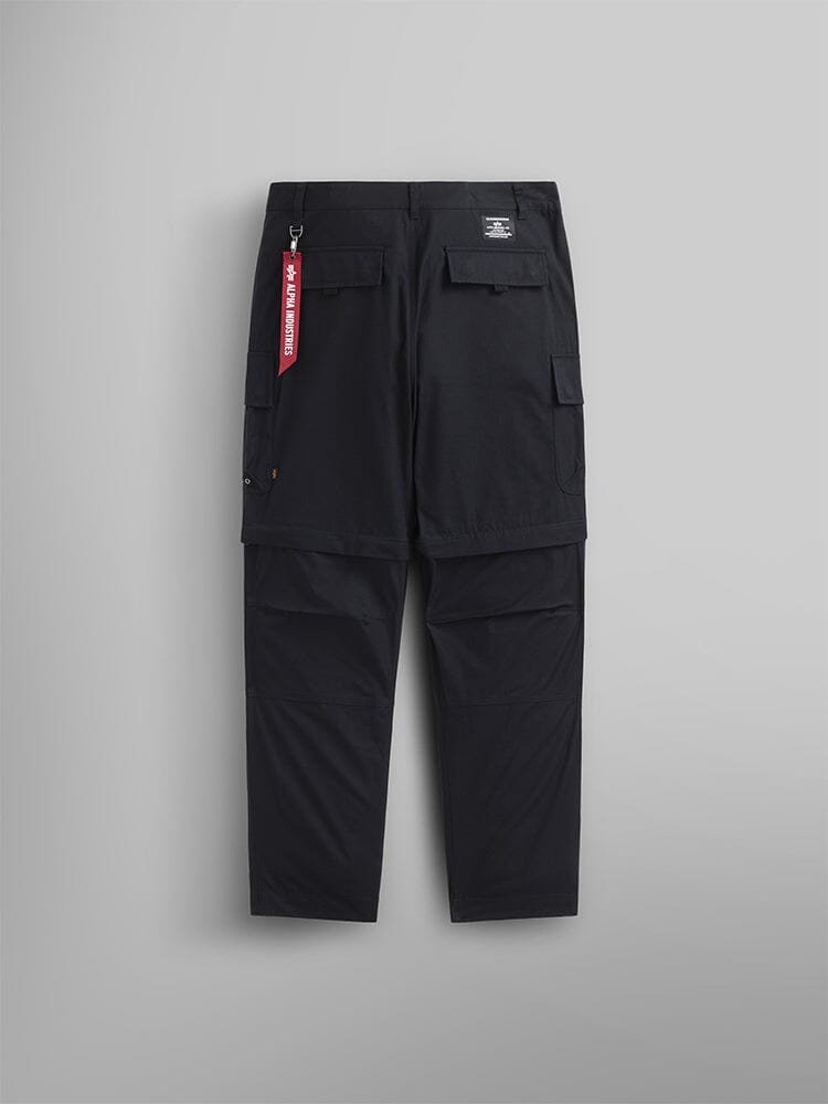 Alpha Industries Convertible Cargo Pant Black with utility flap pockets, MA-1 red keychain tag on back belt loop.
