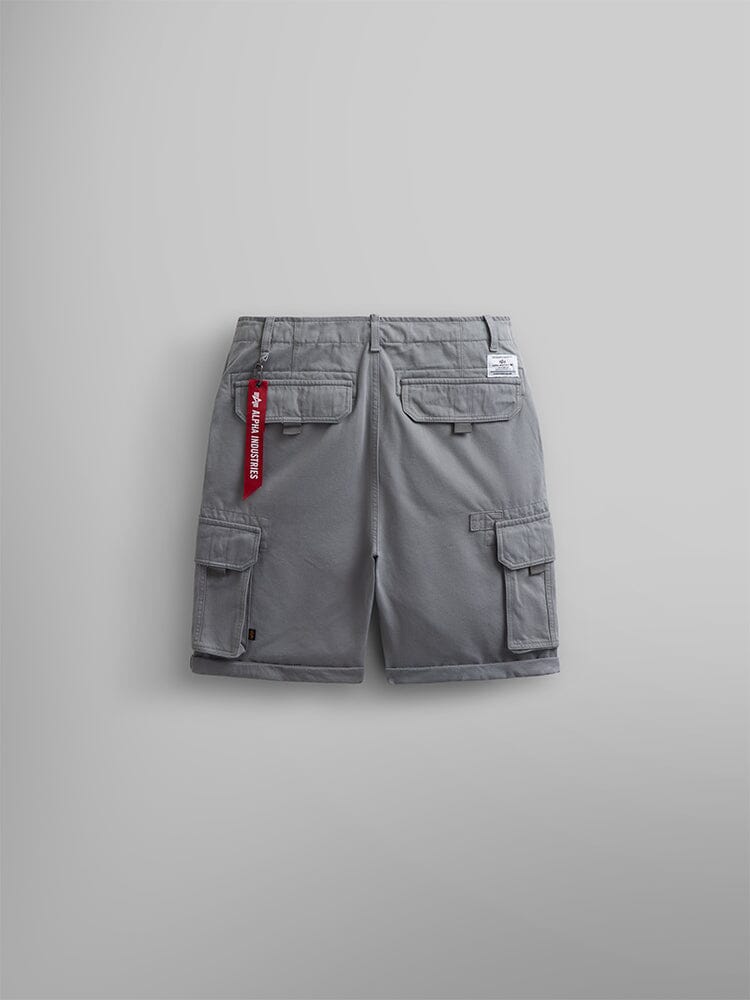 Alpha Industries Crew Short in Gray, Multiple Cargo Pockets, Red Keychain on Belt Loop, Cotton.