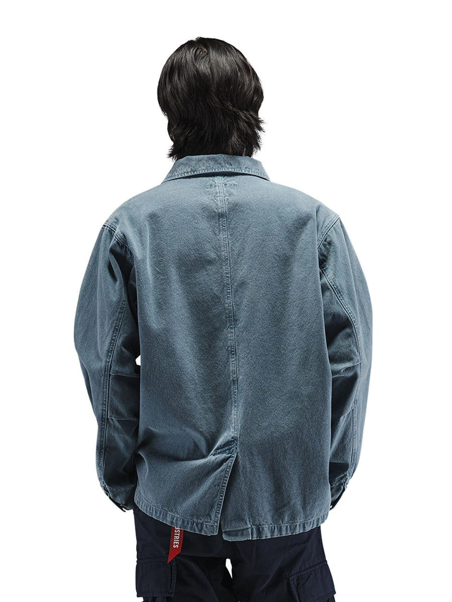 Alpha Industries Ctn Chore Coat, light blue denim with nylon pocket details.