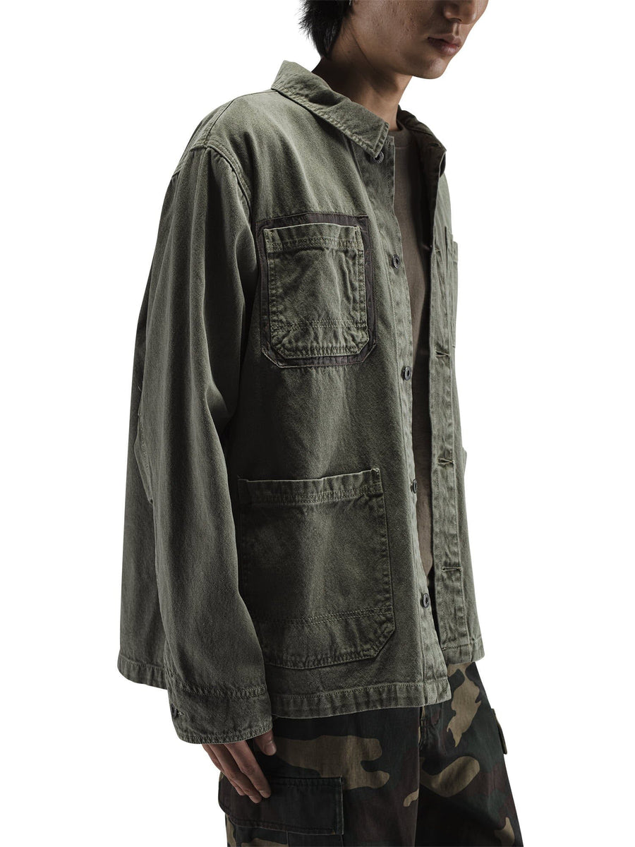 Alpha Industries Ctn Chore Coat in Olive Green, Garment Washed Cotton, Large Front Pockets, Button Closures.