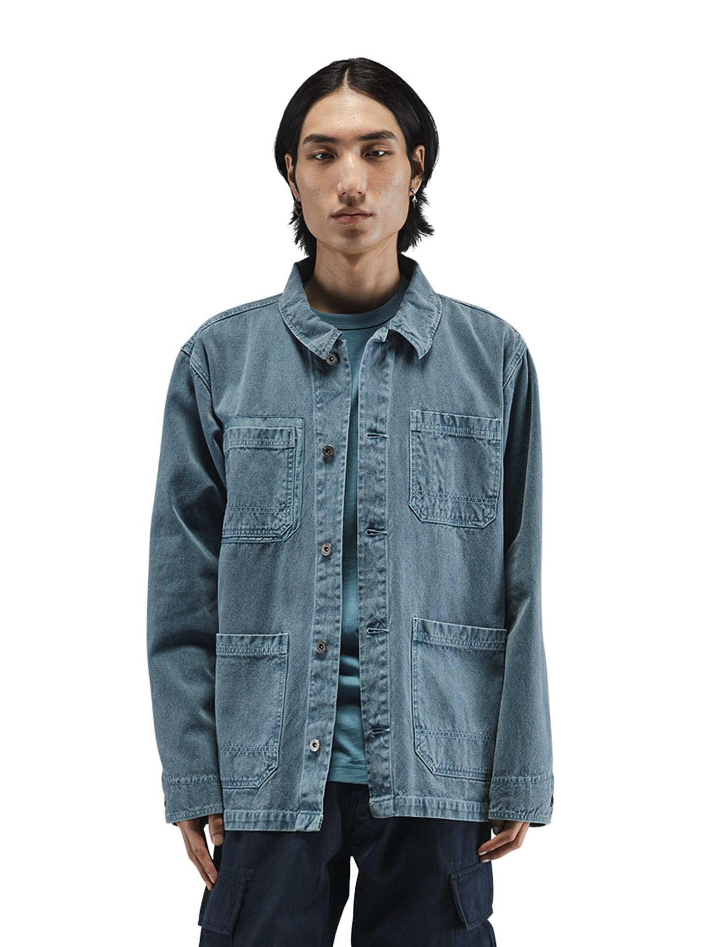 Alpha Industries CTN Chore Coat, blue washed cotton with four front pockets and subtle nylon detailing.